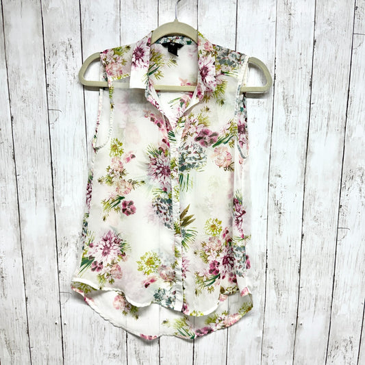 H&M Shirt Women Size 6 Tank Blouse Sleeveless Floral Button-Down Hi-Low Sheer