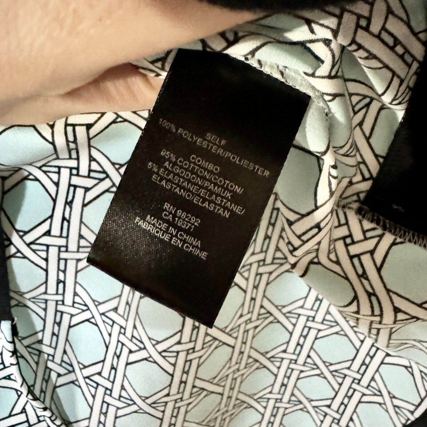 Tibi Blue Geometric High Low V Neck Polyester Black Hemmed Blouse Size XS