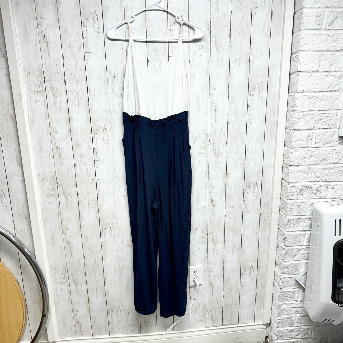 SHINESTAR Jumpsuit Women Size M Sleeveless White & Blue Summer Casual Polyester