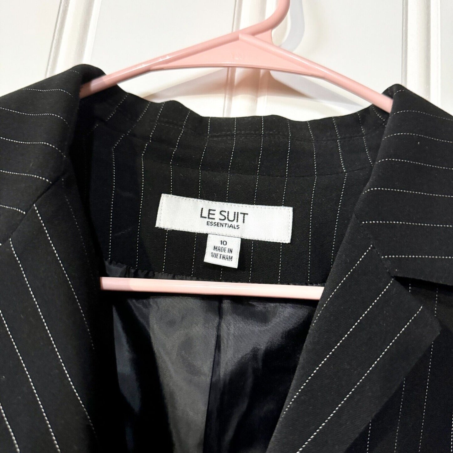 VTG Le SUIT Blazer Women Size 10 Striped Black Padded Shoulders Button Business