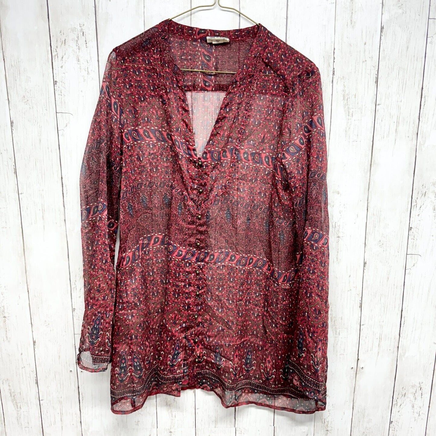 CONVERSE Top Women Size Medium Red Geometric Sheer Long Sleeve Button Close