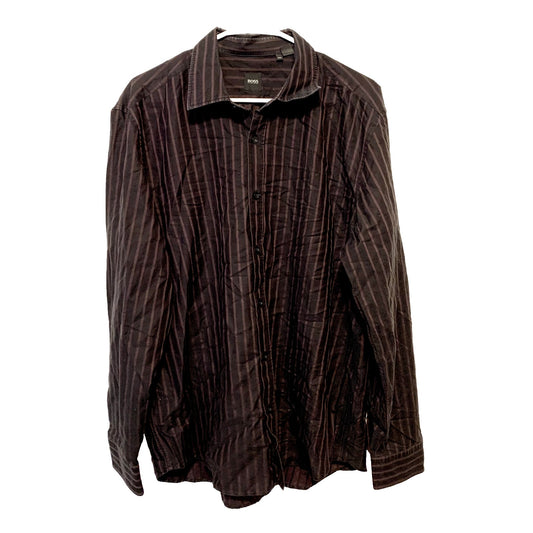 HUGO BOSS Button Up Mens Size XXL Brown Striped Collared Long Sleeve Cotton