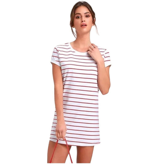 Lulus Women Cafe Society White and Red Short Sleeve Striped Shirt Dress Large