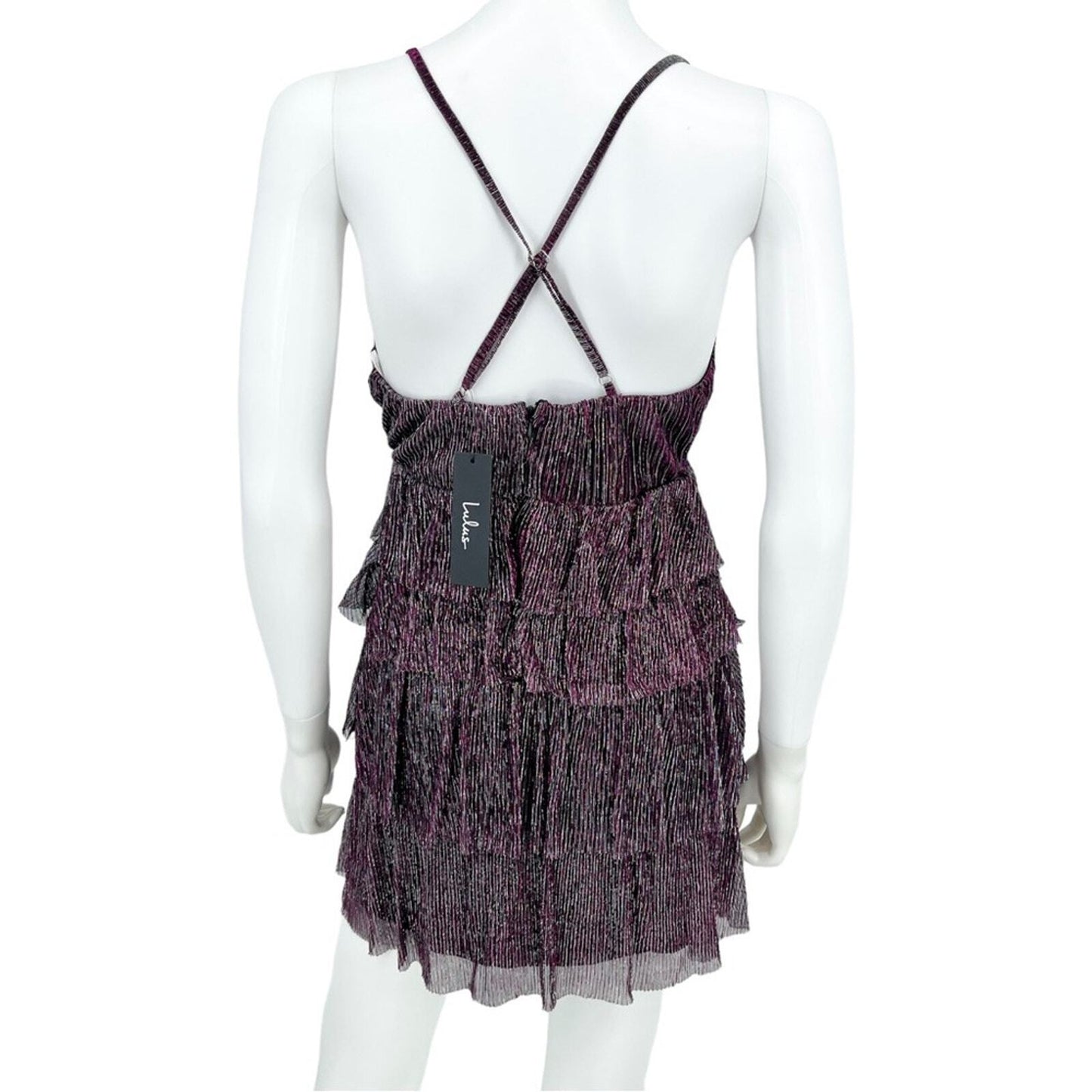 Lulus Dress Women Size Small Glowing Gorgeous Mini Magenta Metallic Tiered NWT