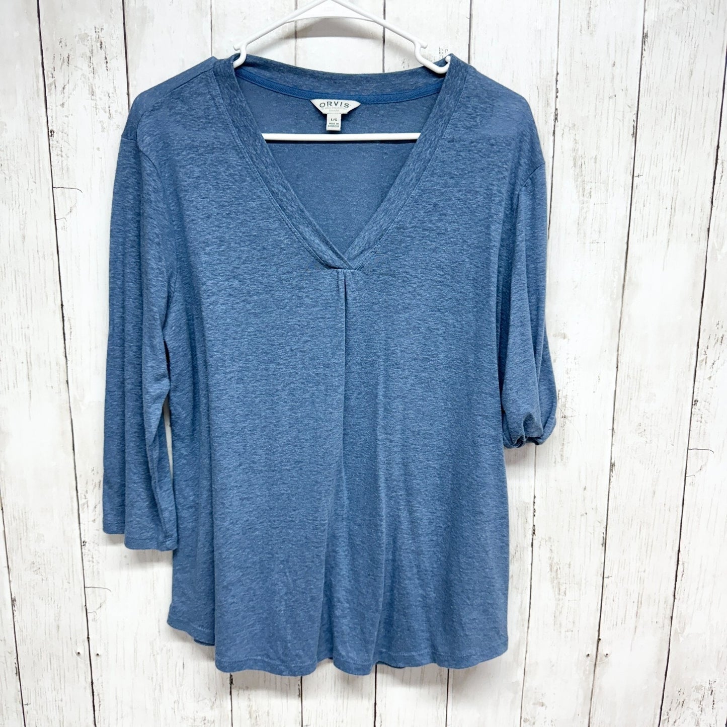Orvis Shirt Women Size L Deep V Neck Long Sleeve Linen Blend Casual Summer Top