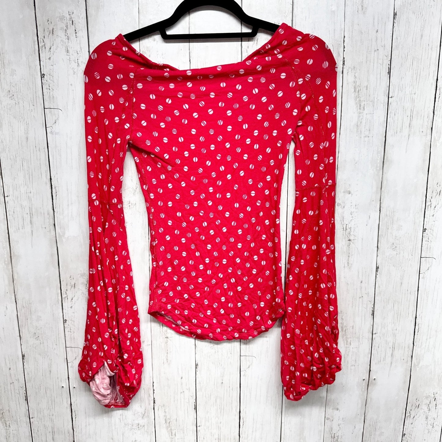 We The Free Top Women Size XS Red Dot Print Boat Neck Puffed Long Sleeve Blouse