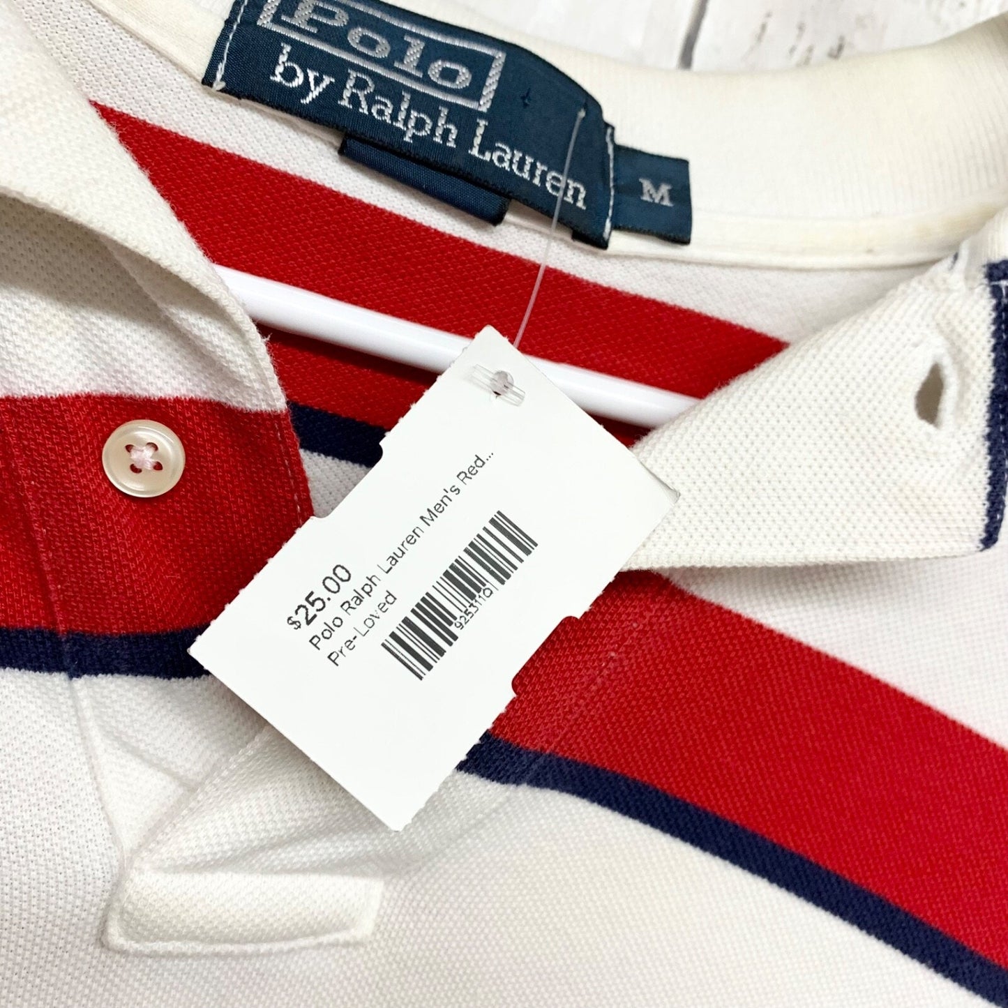 Polo Ralph Lauren Shirt Men Size Medium Collared Button Stripe Polo Red White