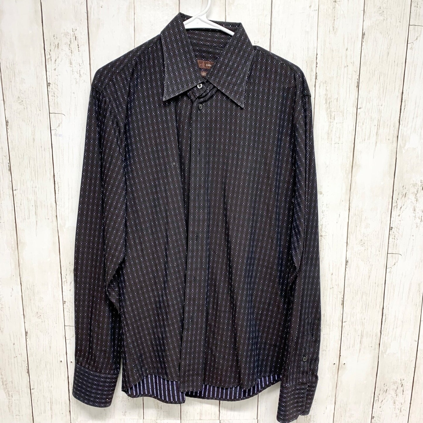 Zara Shirt Mens Chest 20.5" Long Sleeve Collared Button Down Blk Geometric Print