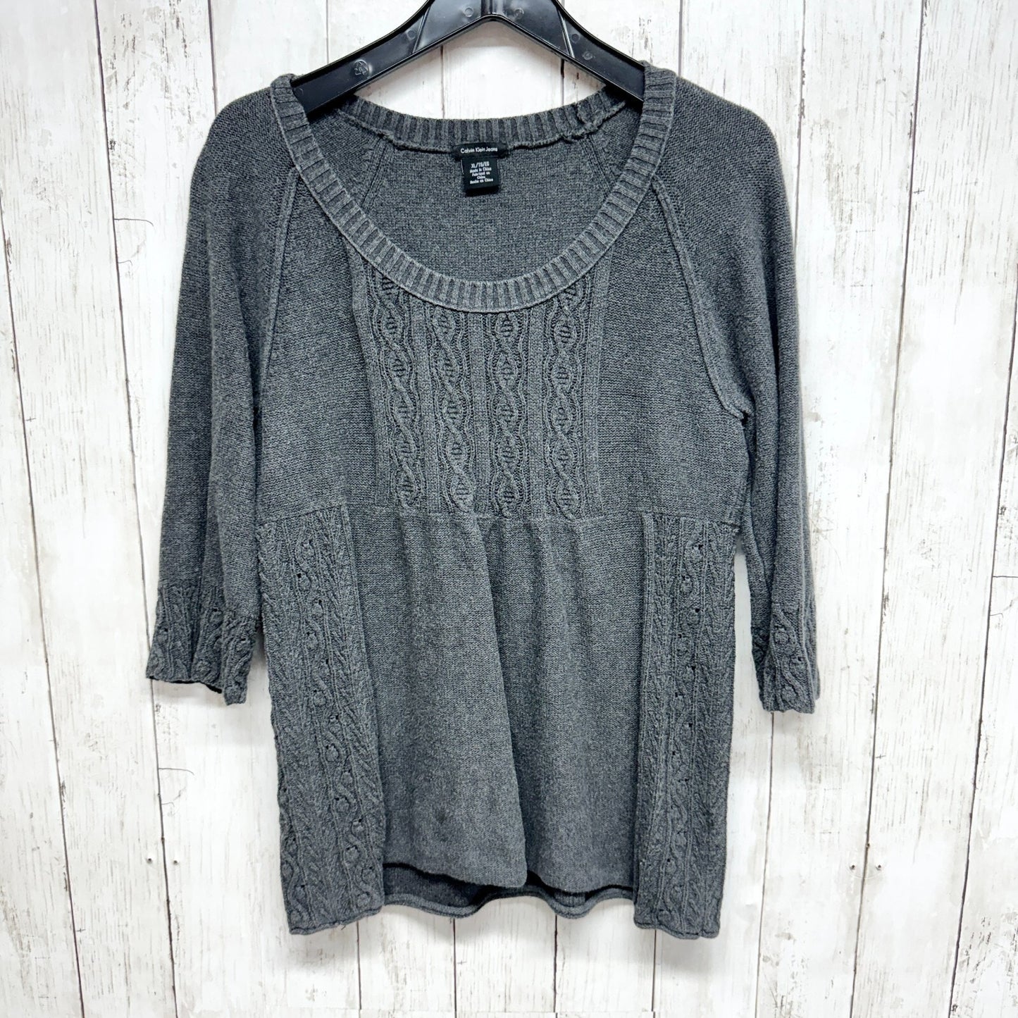 CLAVIN KLEIN Sweater Women Size XL Cable Knit 3.4 Sleeve textured Round Neck