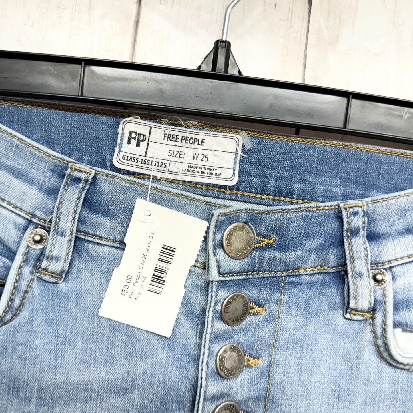 FREE PEOPLE Jeans Women Size 25 Ripped Fray Raw Hem Skinny Mid Rise 5 Button