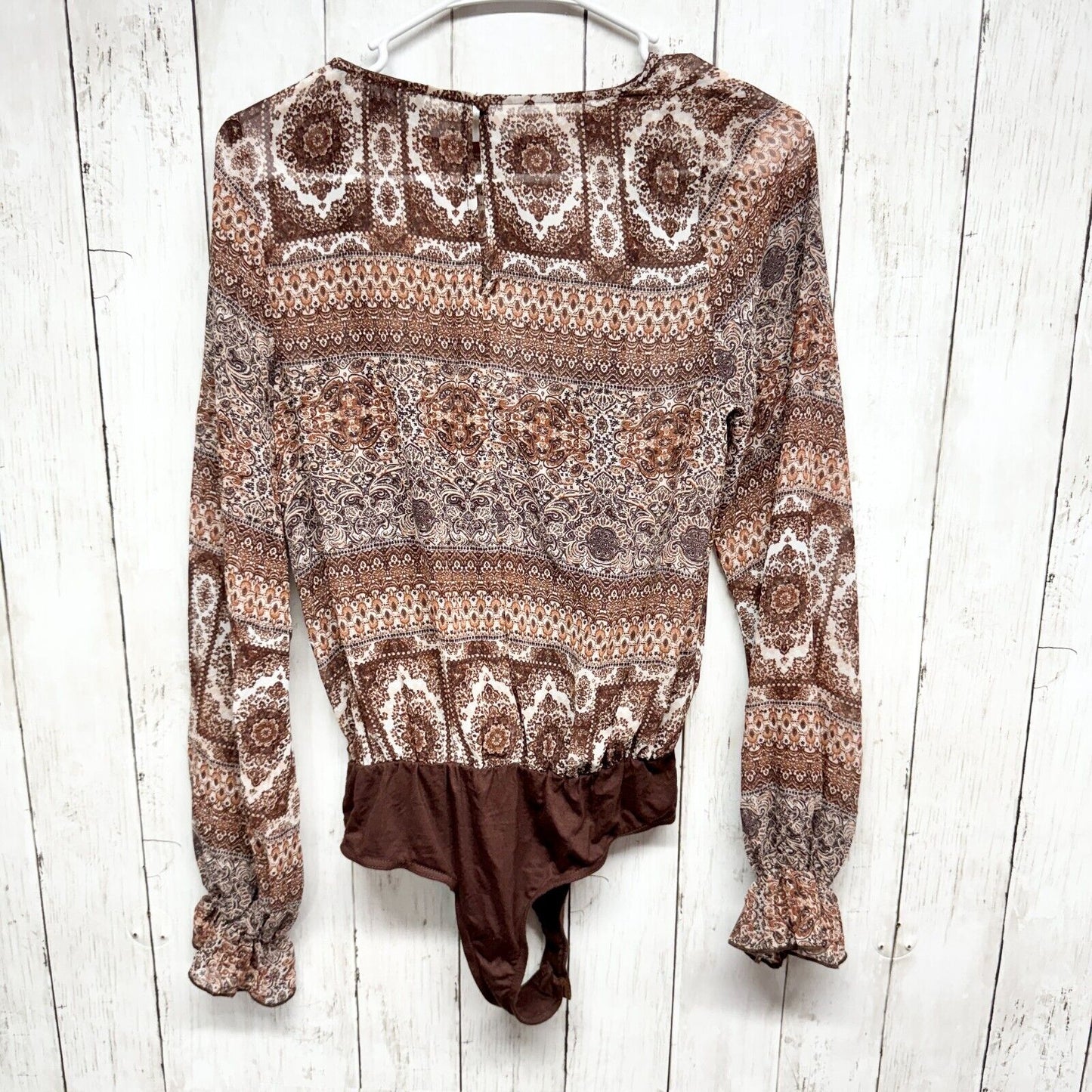 Lulus Bodysuit Women Size XS Brown Boho Tribal Long Sleeve Cuffed Crewneck