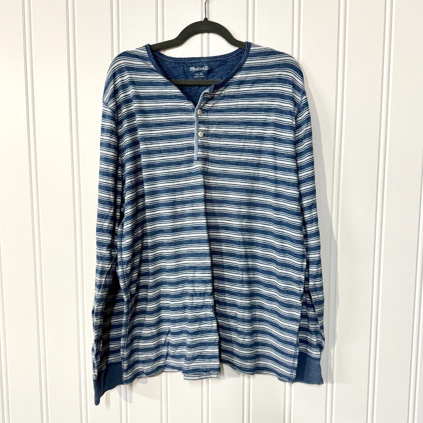 MADEWELL Shirt Mens Size XL Blue Henley Striped 100% Cotton Long Sleeve Crewneck