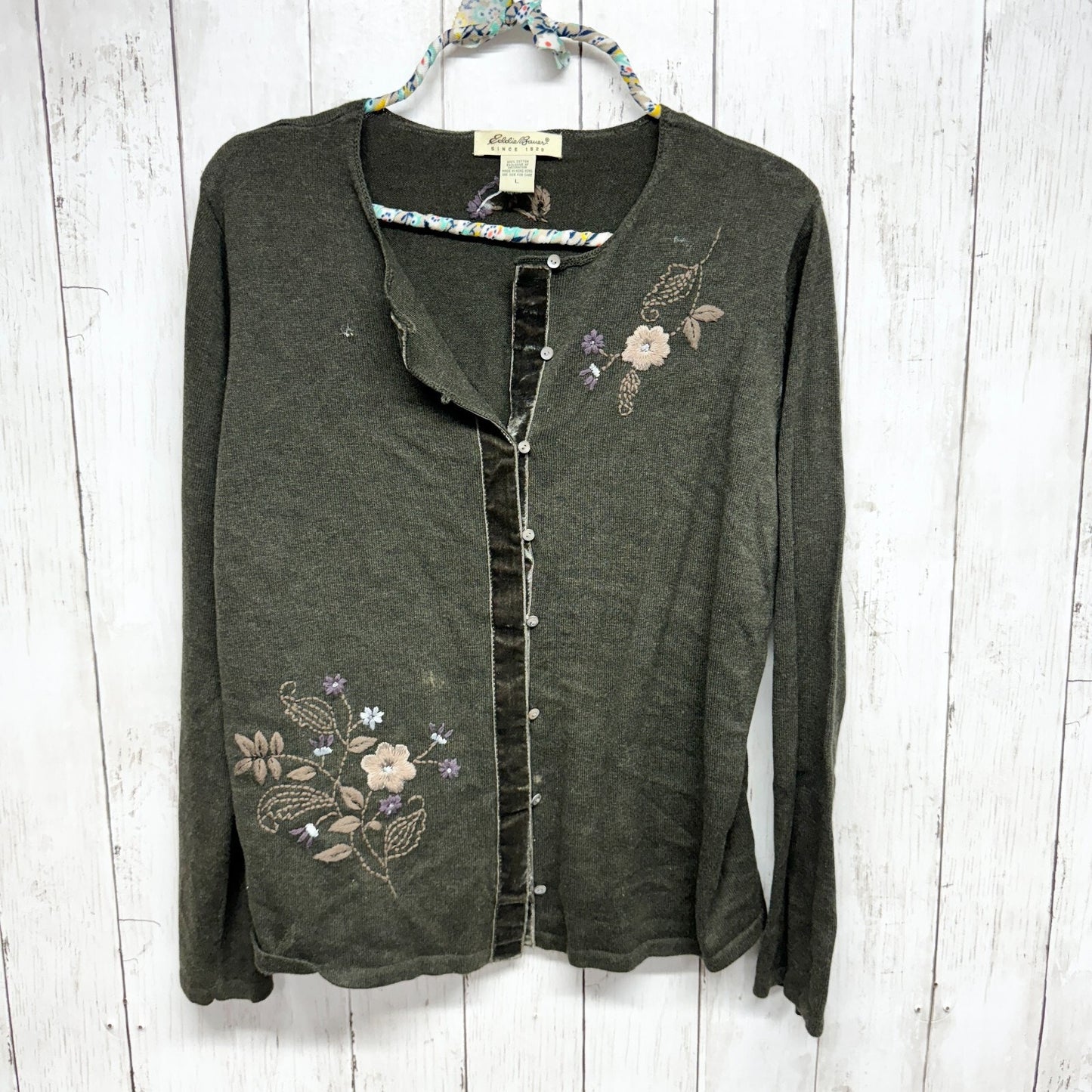 VTG EDDIE BAUER Shirt Women Size L 100% Cotton Cottage Muss Green Button Down