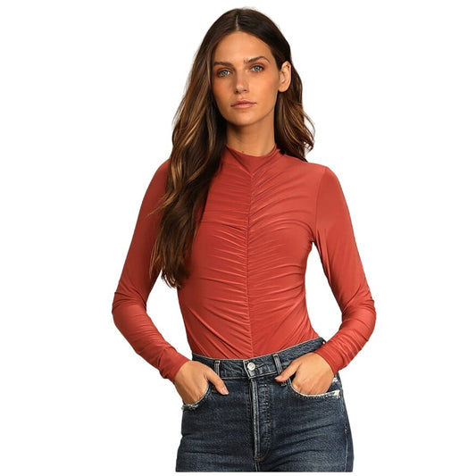 Lulus Women Ruche Around Rust Orange Ruched Mock Neck Bodysuit Size XS