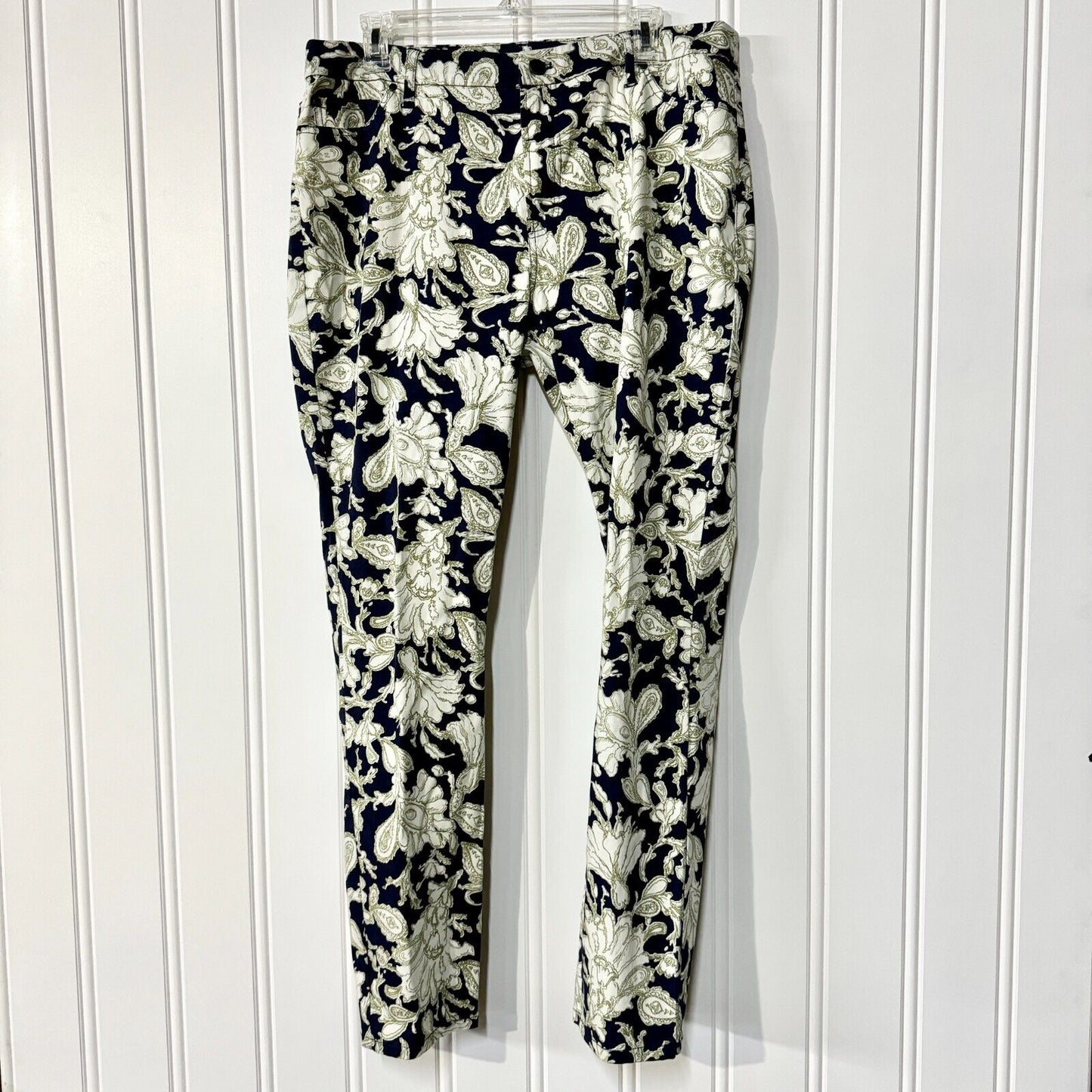 ORVIS Pants Women Size 14 Low Rise Skinny Floral Navy Blue Button Front Zip Up