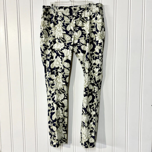 ORVIS Pants Women Size 14 Low Rise Skinny Floral Navy Blue Button Front Zip Up