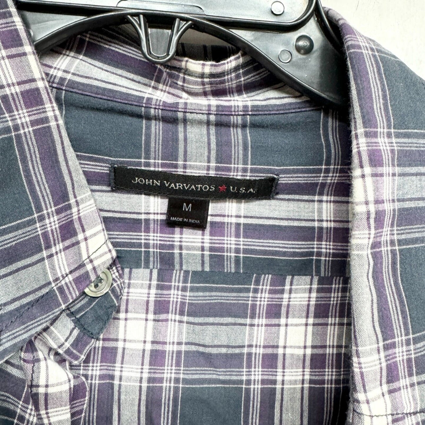 John Varvatos Shirt Men Medium Blue Plaid Button Up Long Sleeve Cotton Star USA