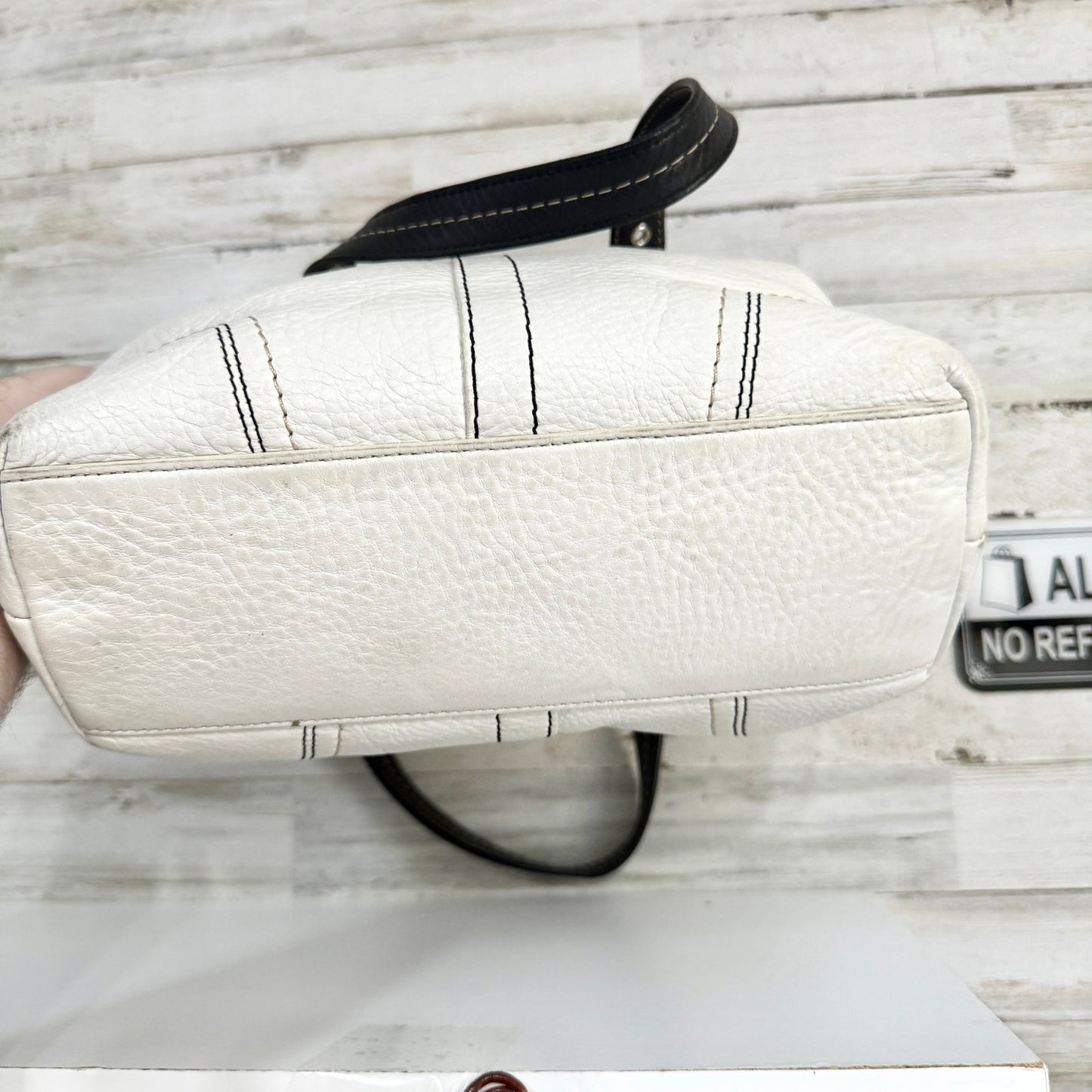 Coach Women Hamilton White Pebbled Leather Black Handled Bucket Tote