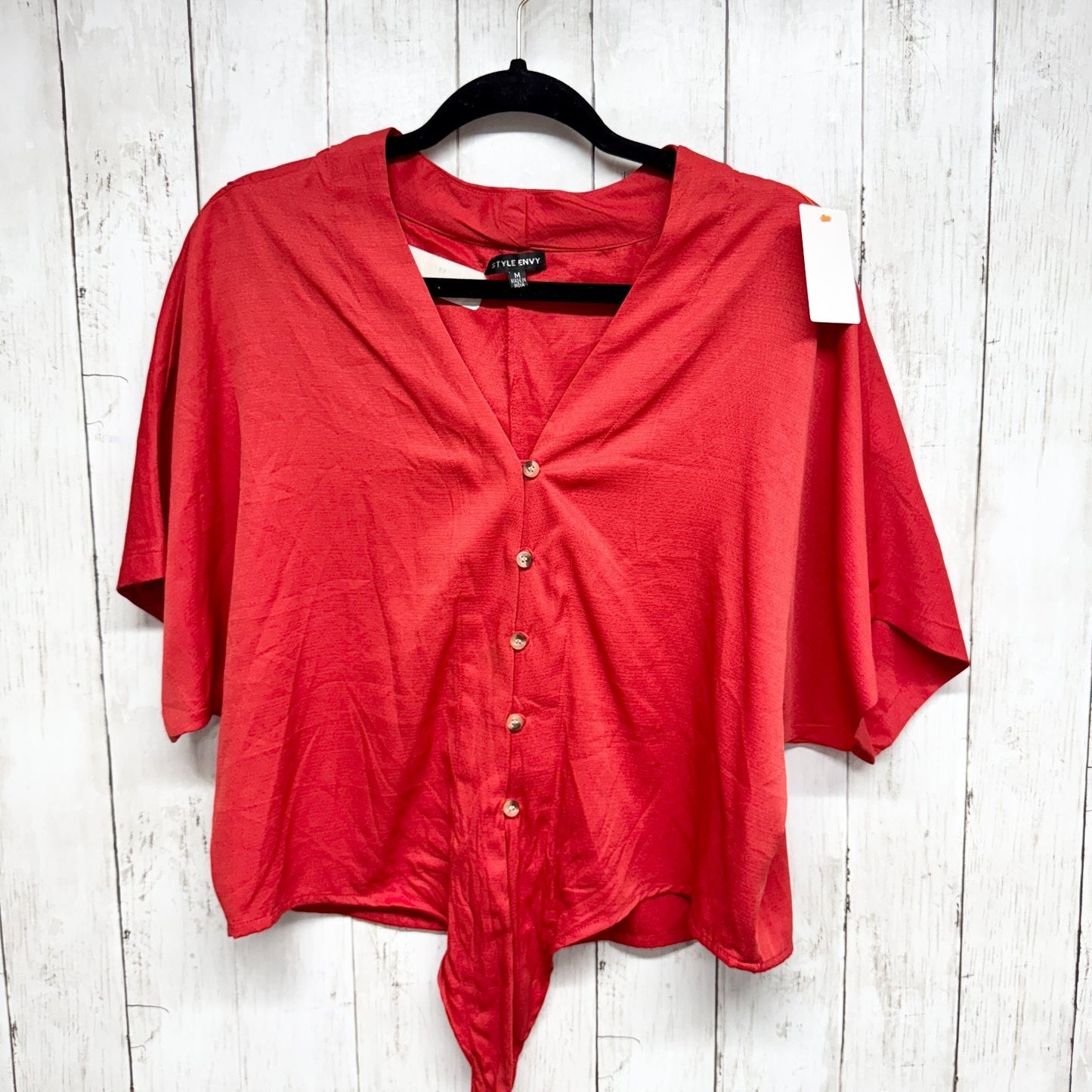 Style Envy Blouse Women Size Medium Red V-Neck Short Sleeve Button Down FrontTie