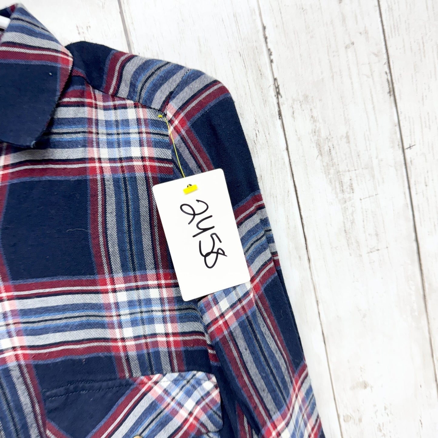 Zara Trafaluc Shirt Women Size Small Navy Plaid Collared Long Sleeve Button Down