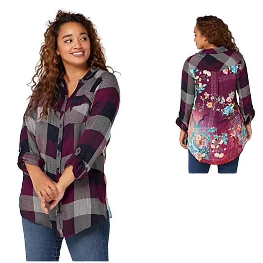 Tolani Collection Women Purple Plaid Button Down Tunic W/ Print Back Medium