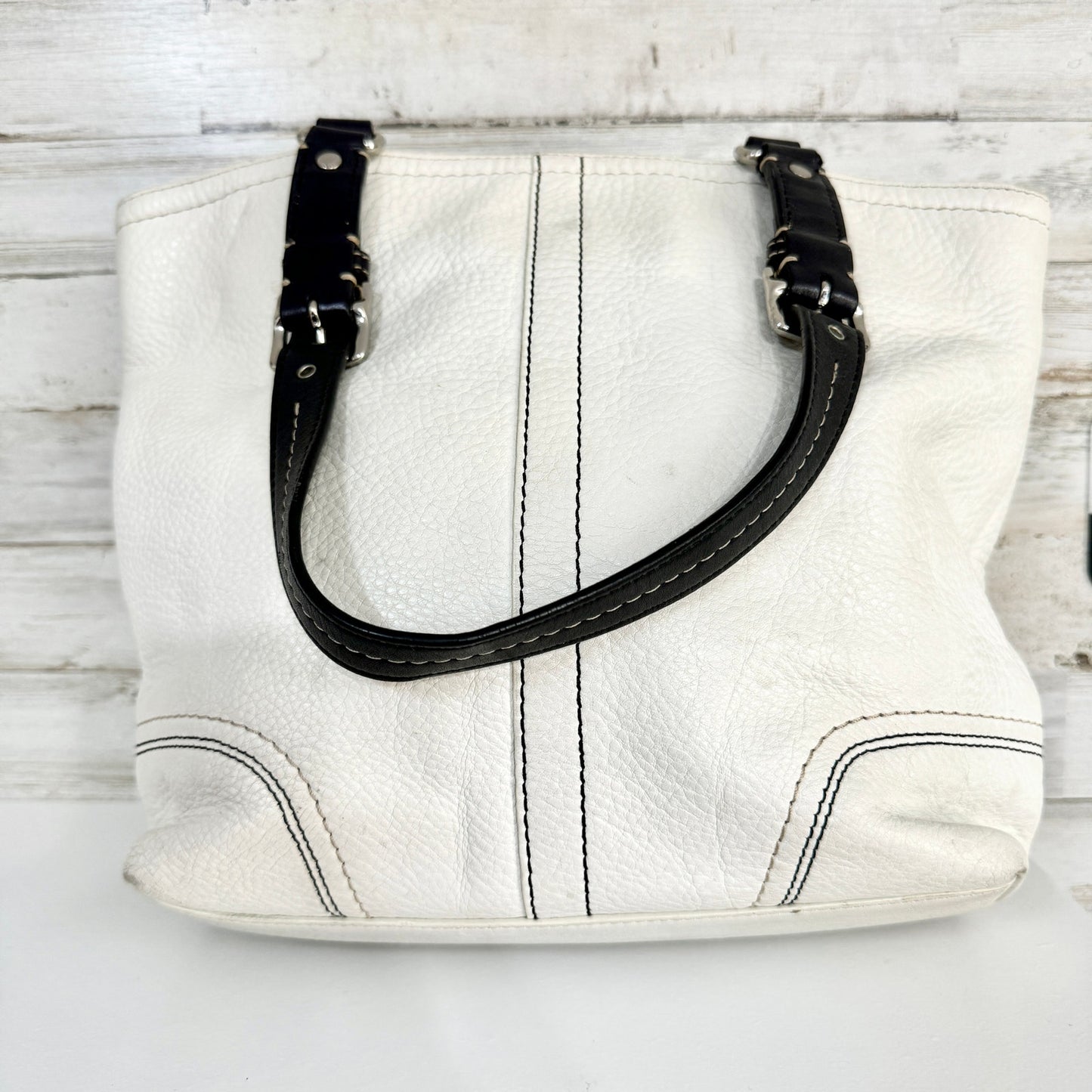 Coach Women Hamilton White Pebbled Leather Black Handled Bucket Tote