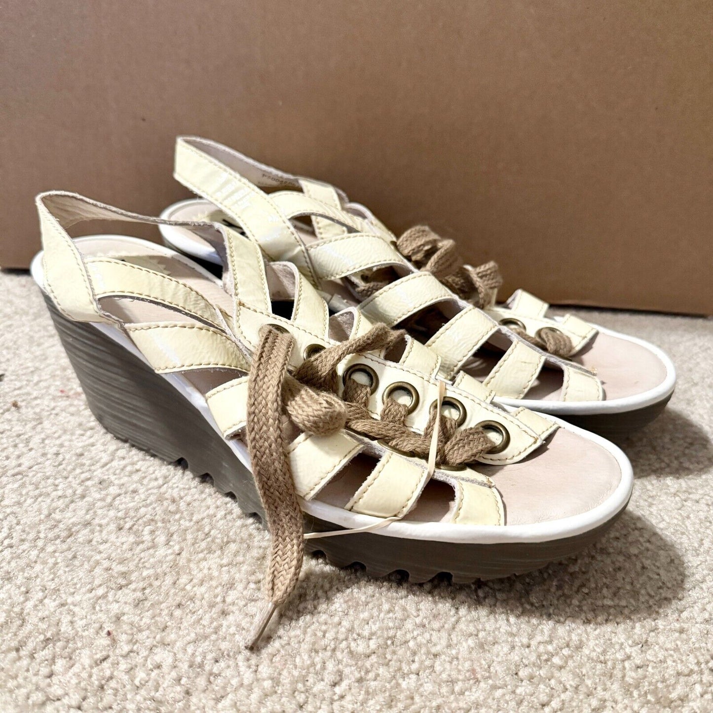 Fly London Cream 39 Leather Wedge Lace Up Front Sling Back Open Toe Cage Sandal