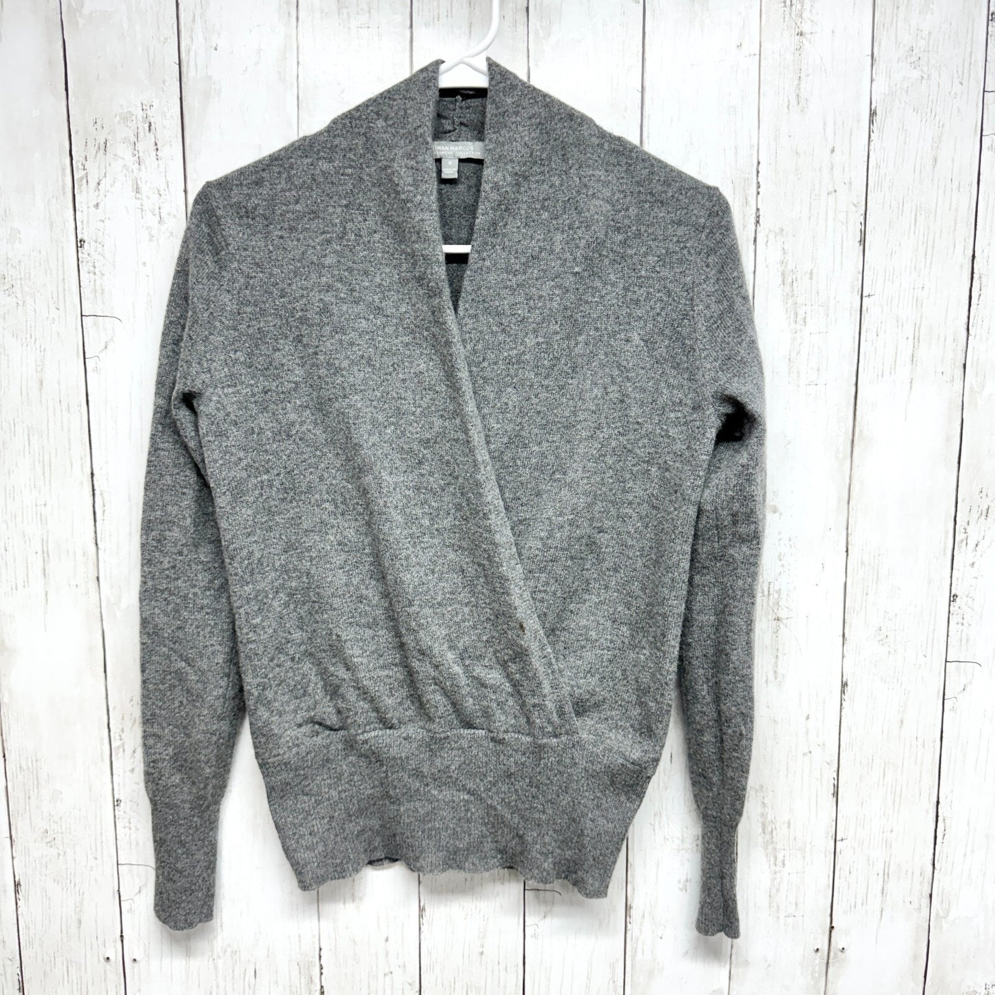 NEIMAN MARCUS Sweater Women Size S Cashmere Faux Wrapped Grey Long Sleeve