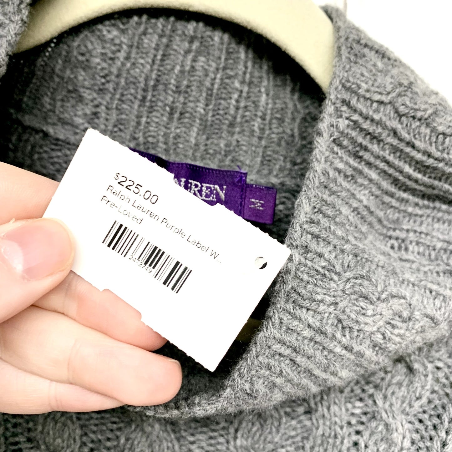 RALPH LAUREN Purple Tag Women M Cable Knit Sweater Grey Cowl Neck Wool Cashmere