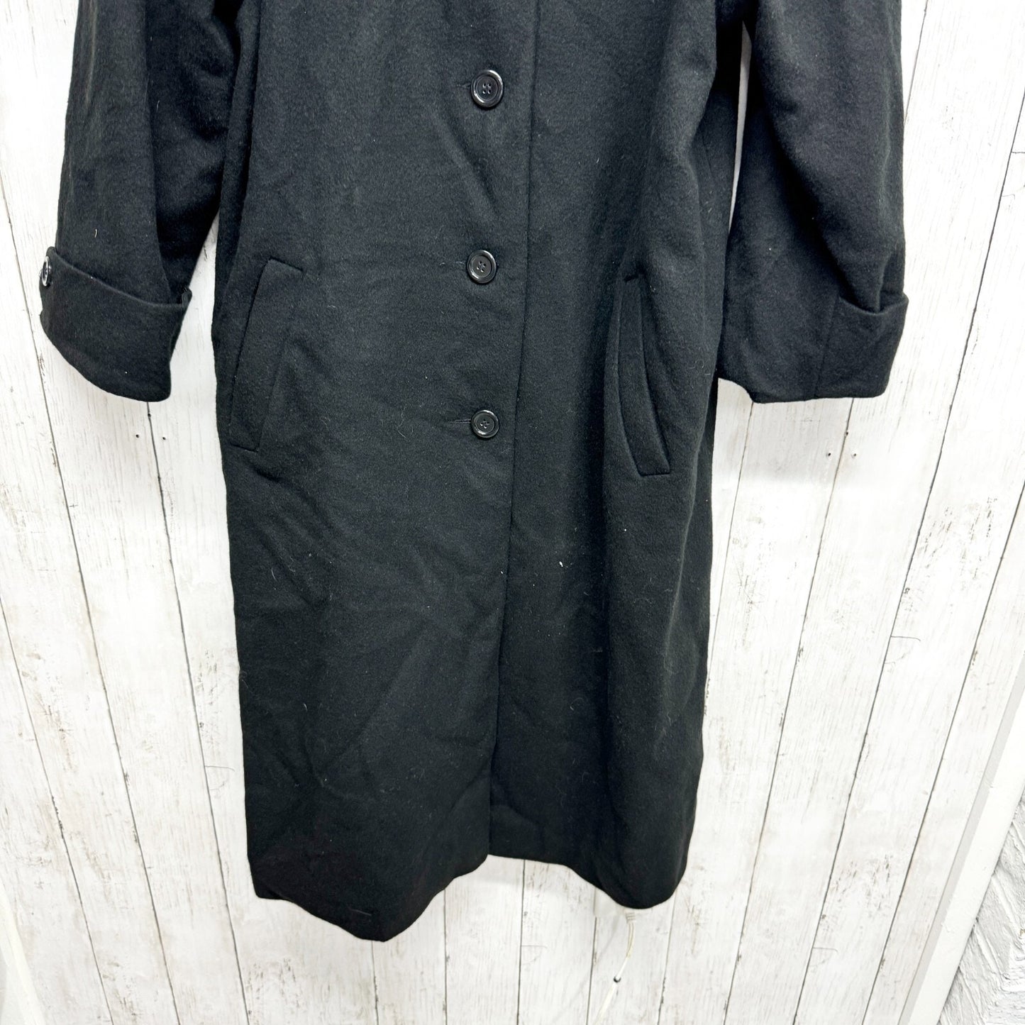 Albert Nipon Coat Women 10P Black Long Collared Button Down Peacoat Front Pocket