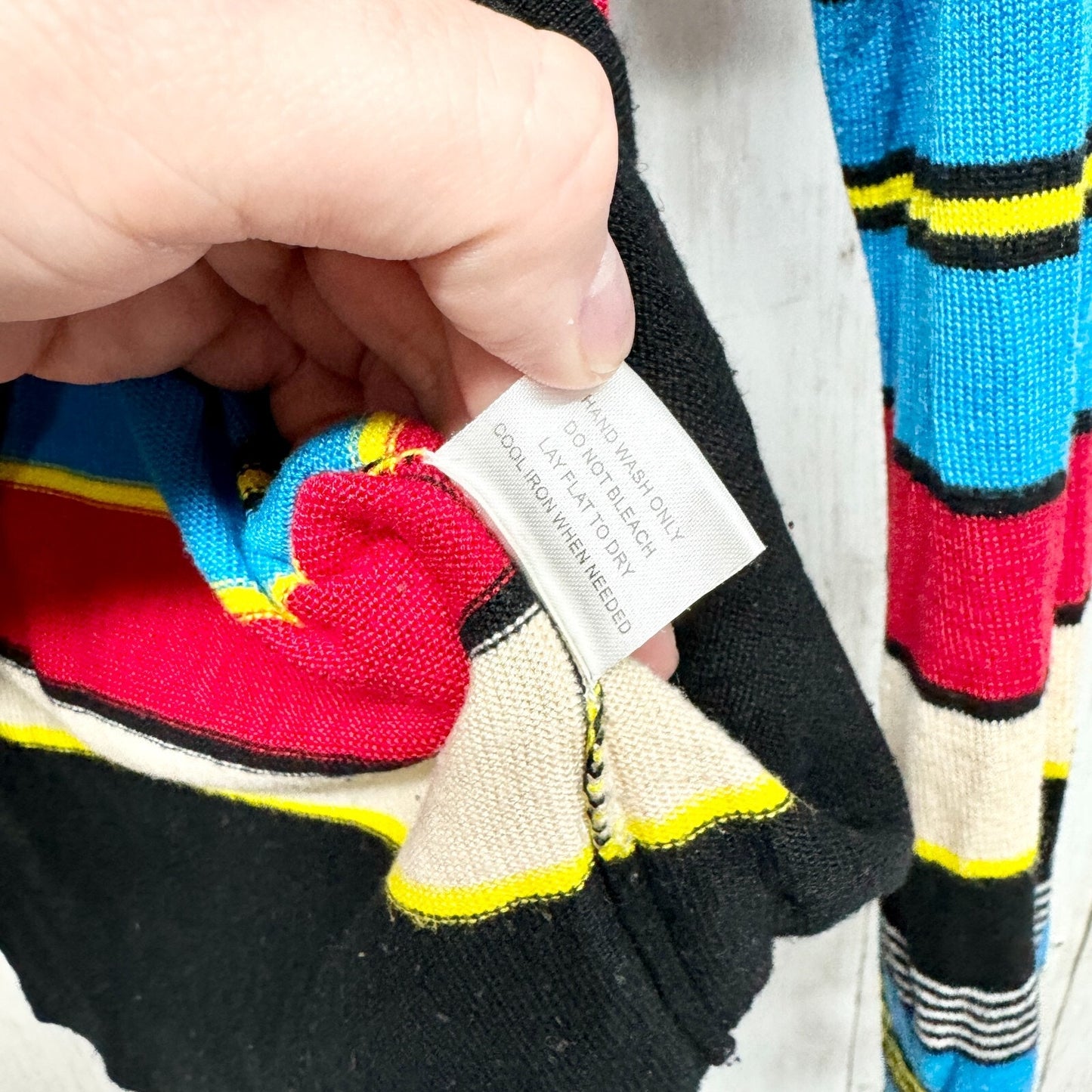 VTG Modcloth Women Top M Black Colorful Striped Viscose Turtleneck Long Sleeve