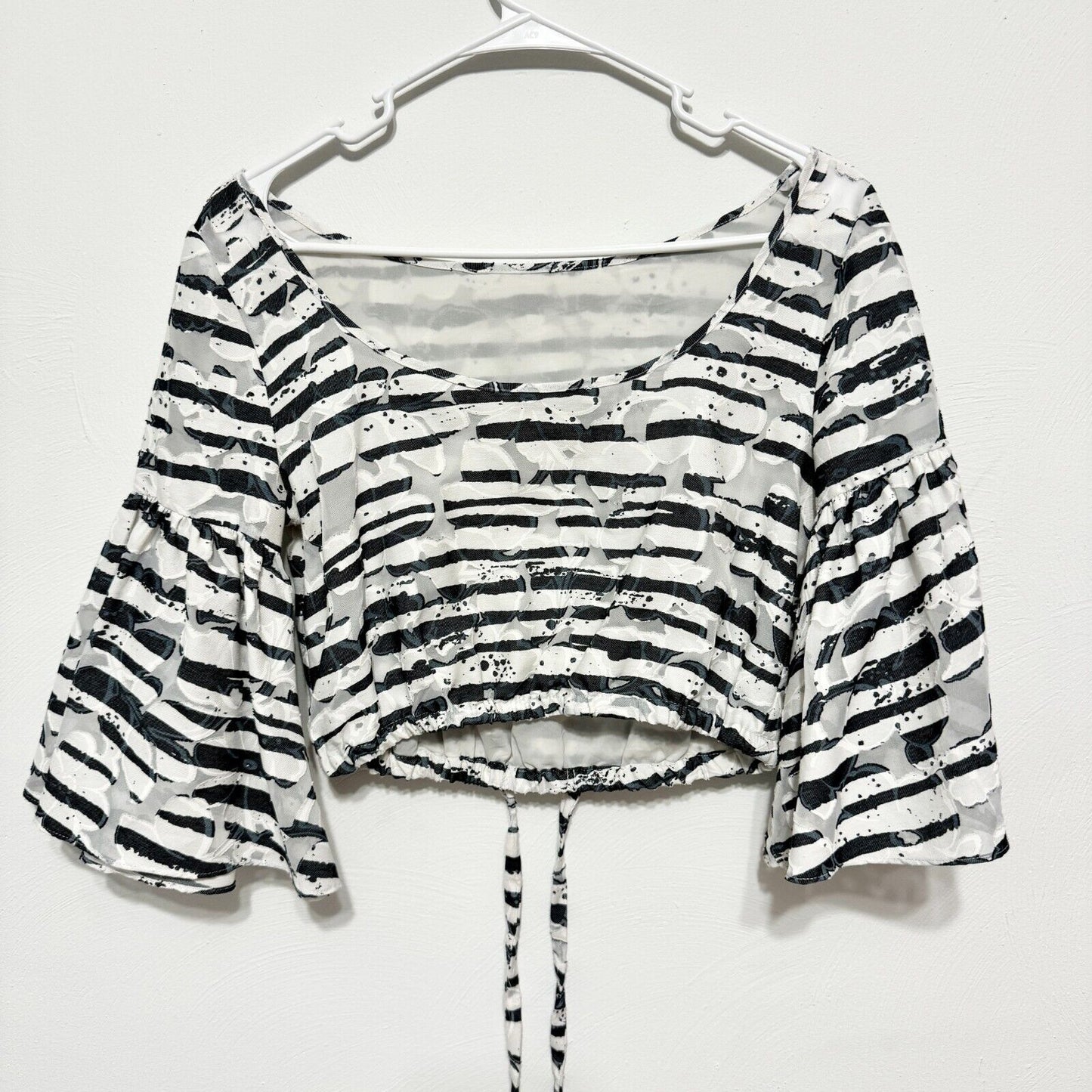 MILLY Blouse Women Size Small Tie Waisted Crop Top Bell Sleeve Striped High Low