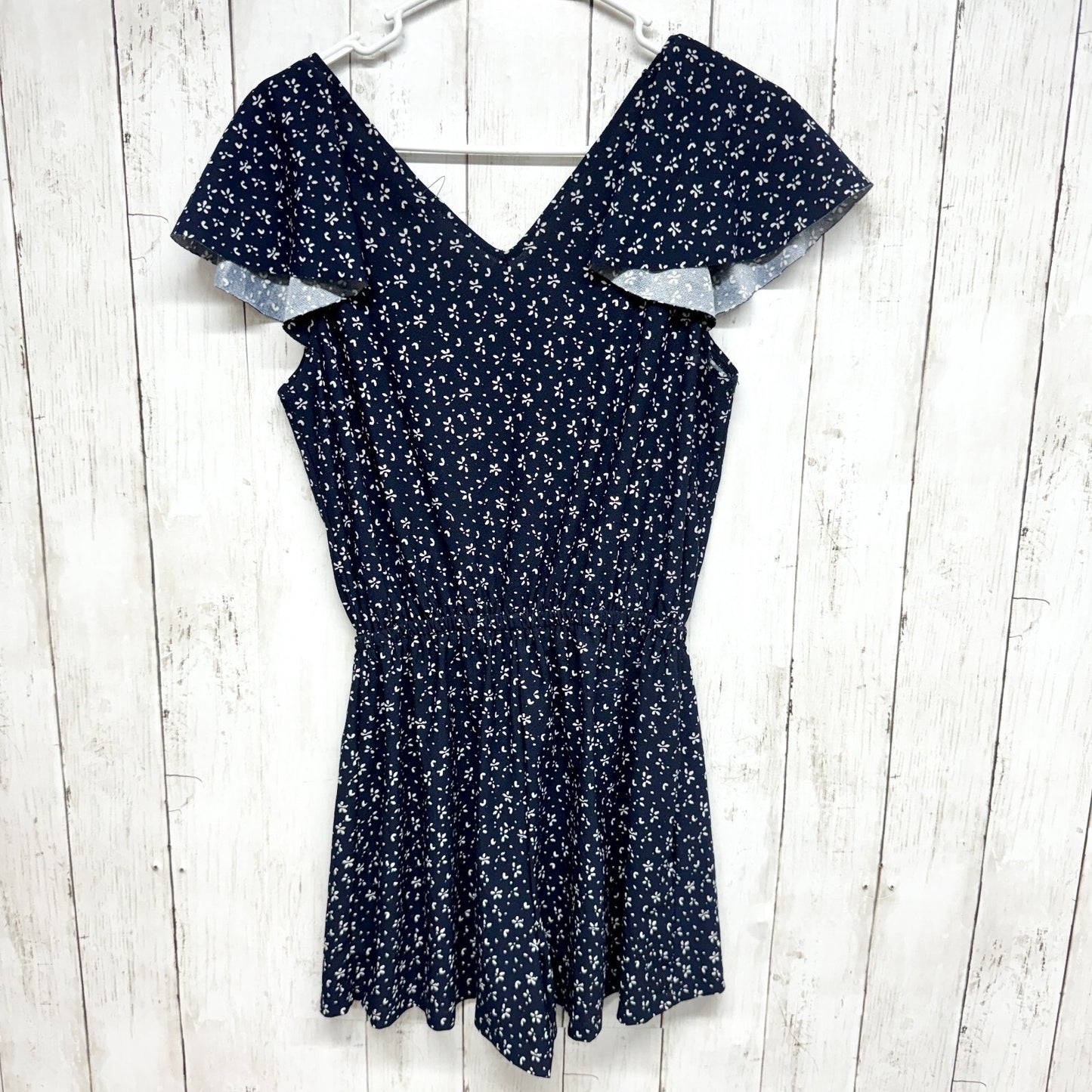 MANGO Romper Women Size XXS Short Sleeve Deep V Navy Blue Floral Summer Jumper