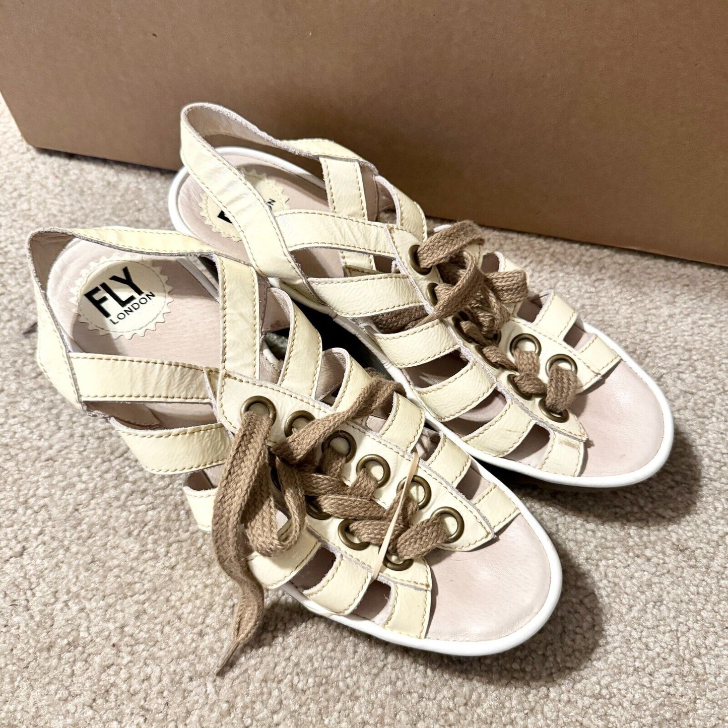 Fly London Cream 39 Leather Wedge Lace Up Front Sling Back Open Toe Cage Sandal