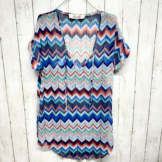 EMMLEE Swim Cover Women Sz S/M Multicolored Short Sleeve Deep V Neck Sheer Swim