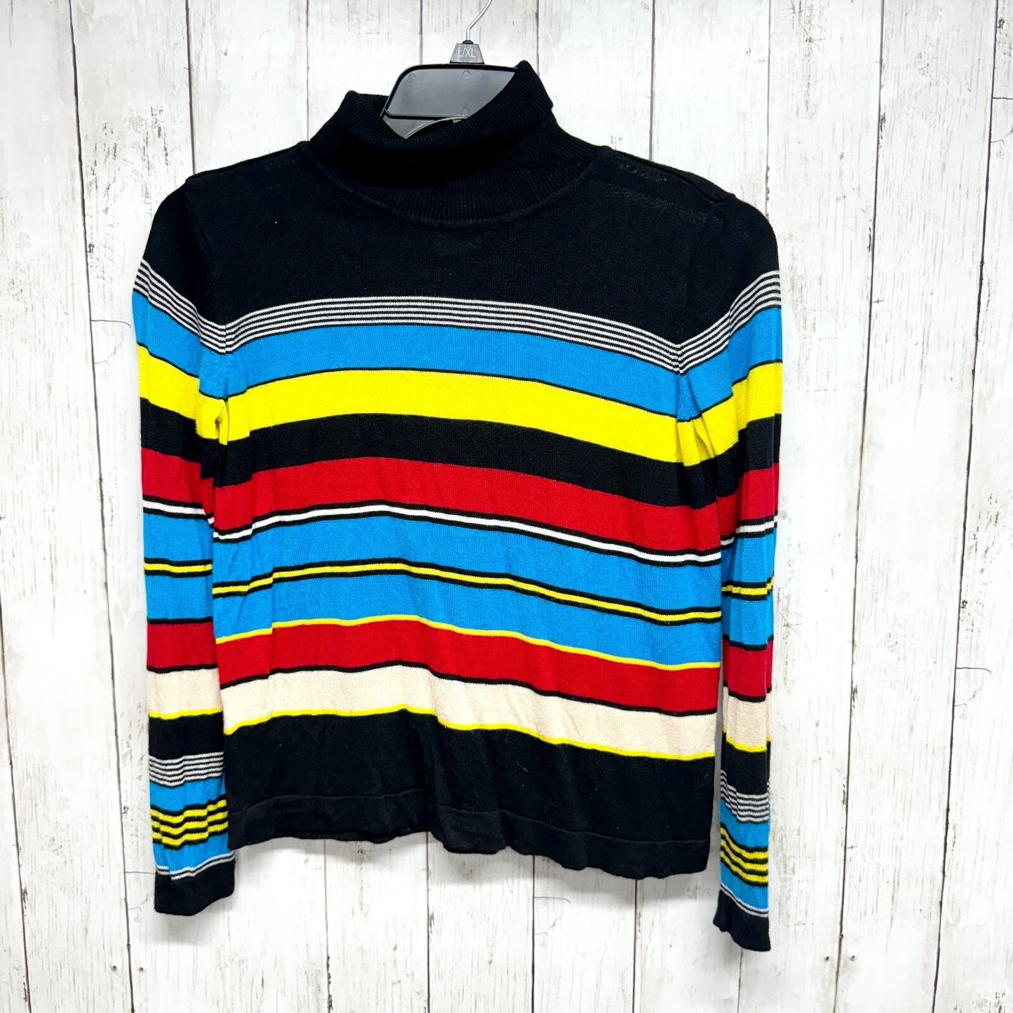 VTG Modcloth Women Top M Black Colorful Striped Viscose Turtleneck Long Sleeve