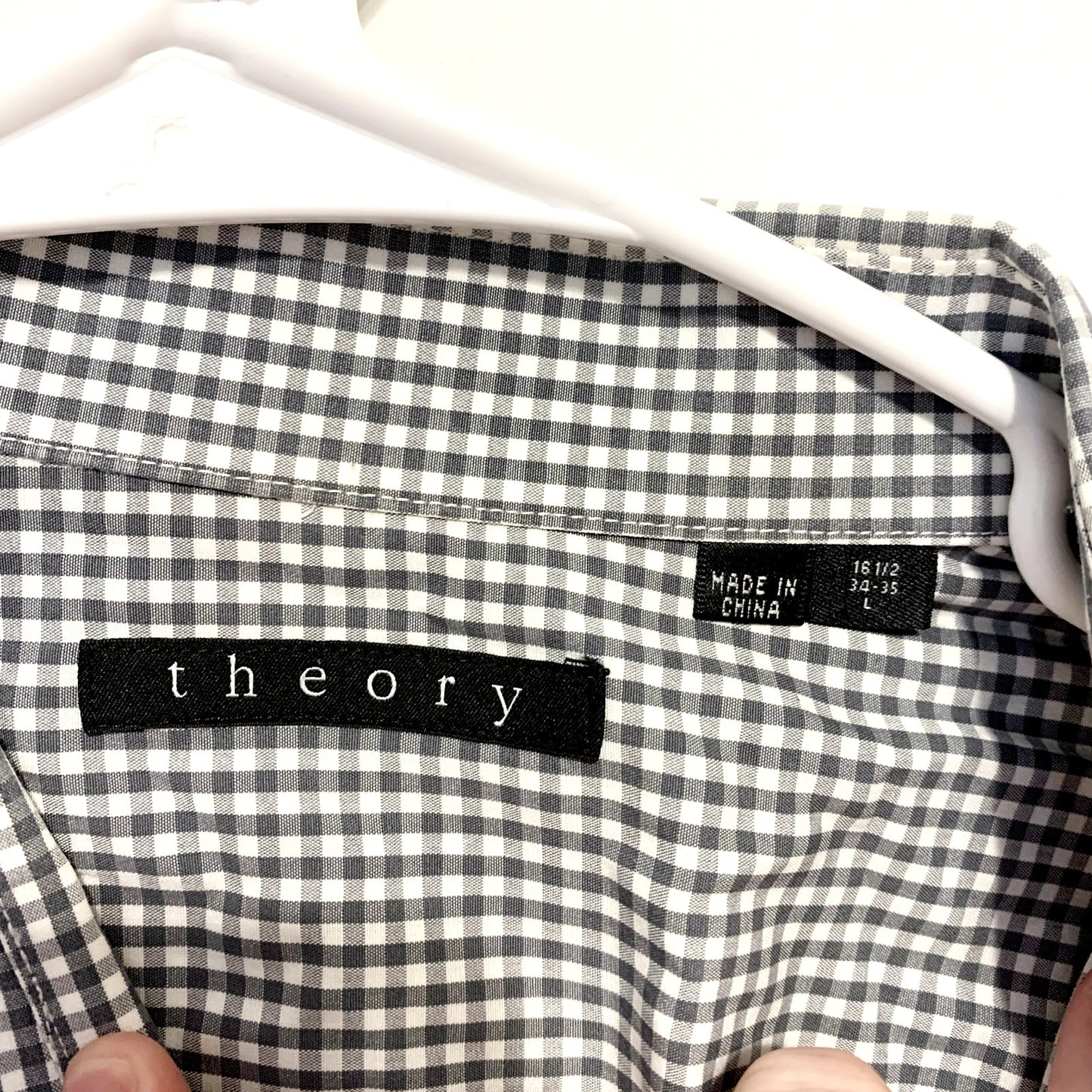 THEORY Button Up Mens Size 16.5 Grey Plaid Long Sleeve Collared Cotton Blend