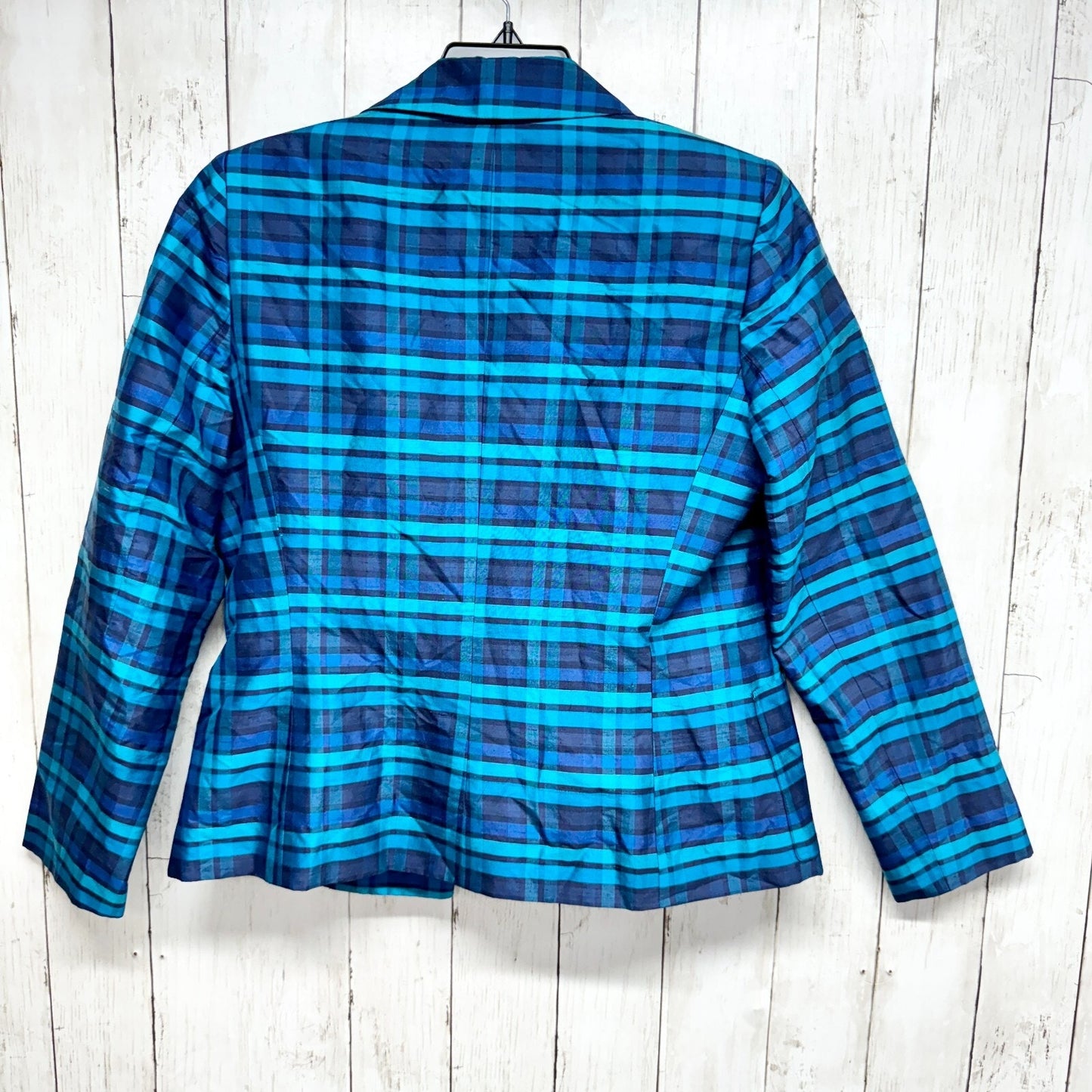 Vintage Kasper & Co Jacket Plaid Blue Button Down Collared 90s Light Weight Silk