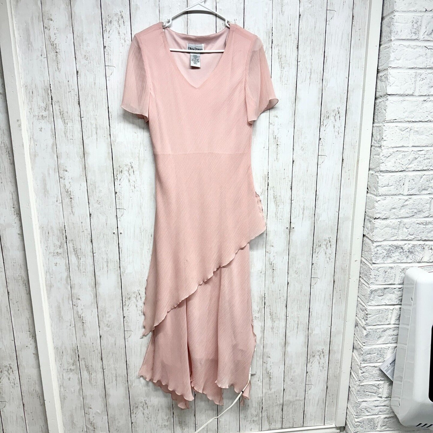ULTRA DRESS Maxi Women Size 8 Pink Abstract Asymmetrical Deep V Neck Sheer