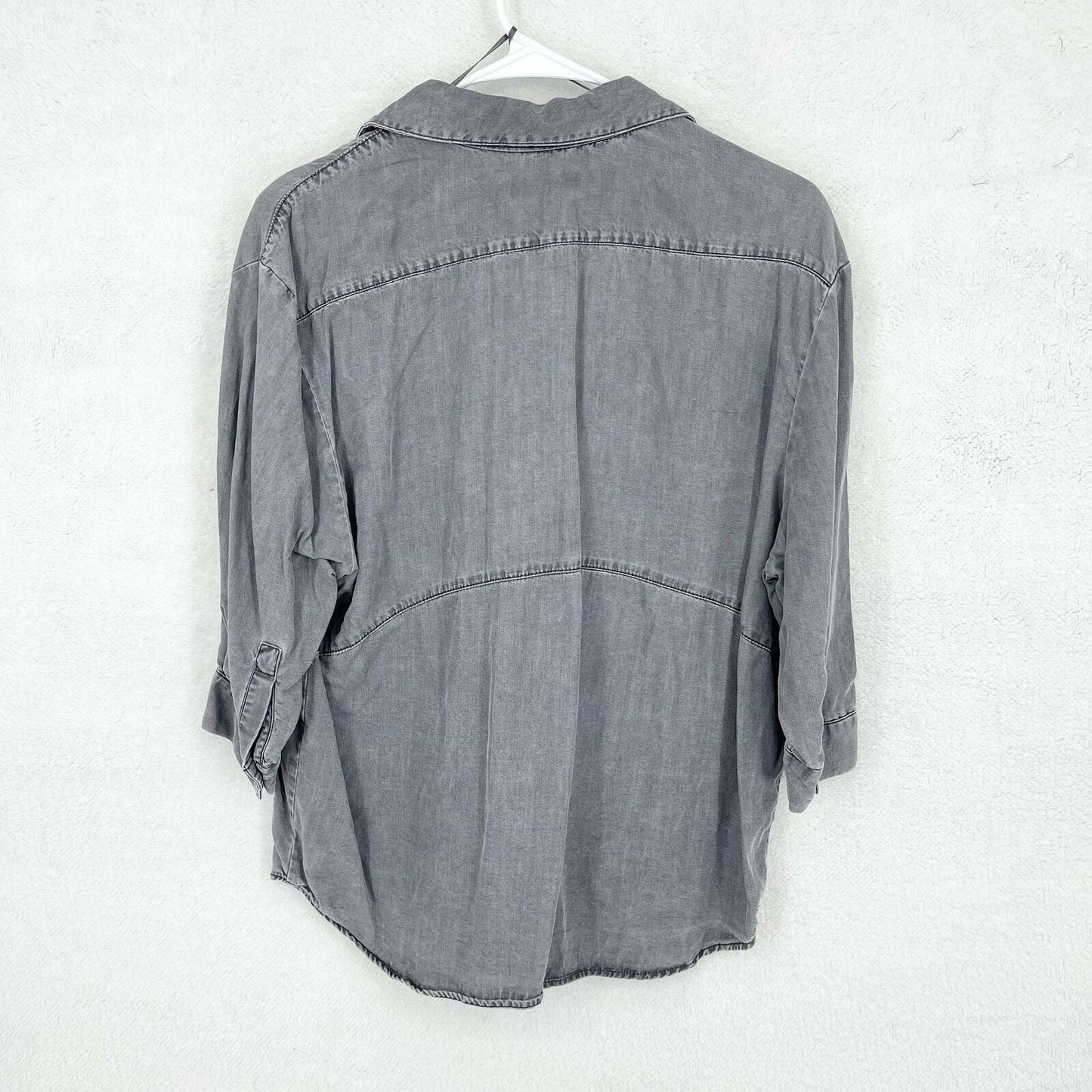 Zara Blouse Women Size XS Gray 3/4 Sleeve deep V Neck Polyester Hemmed Collared