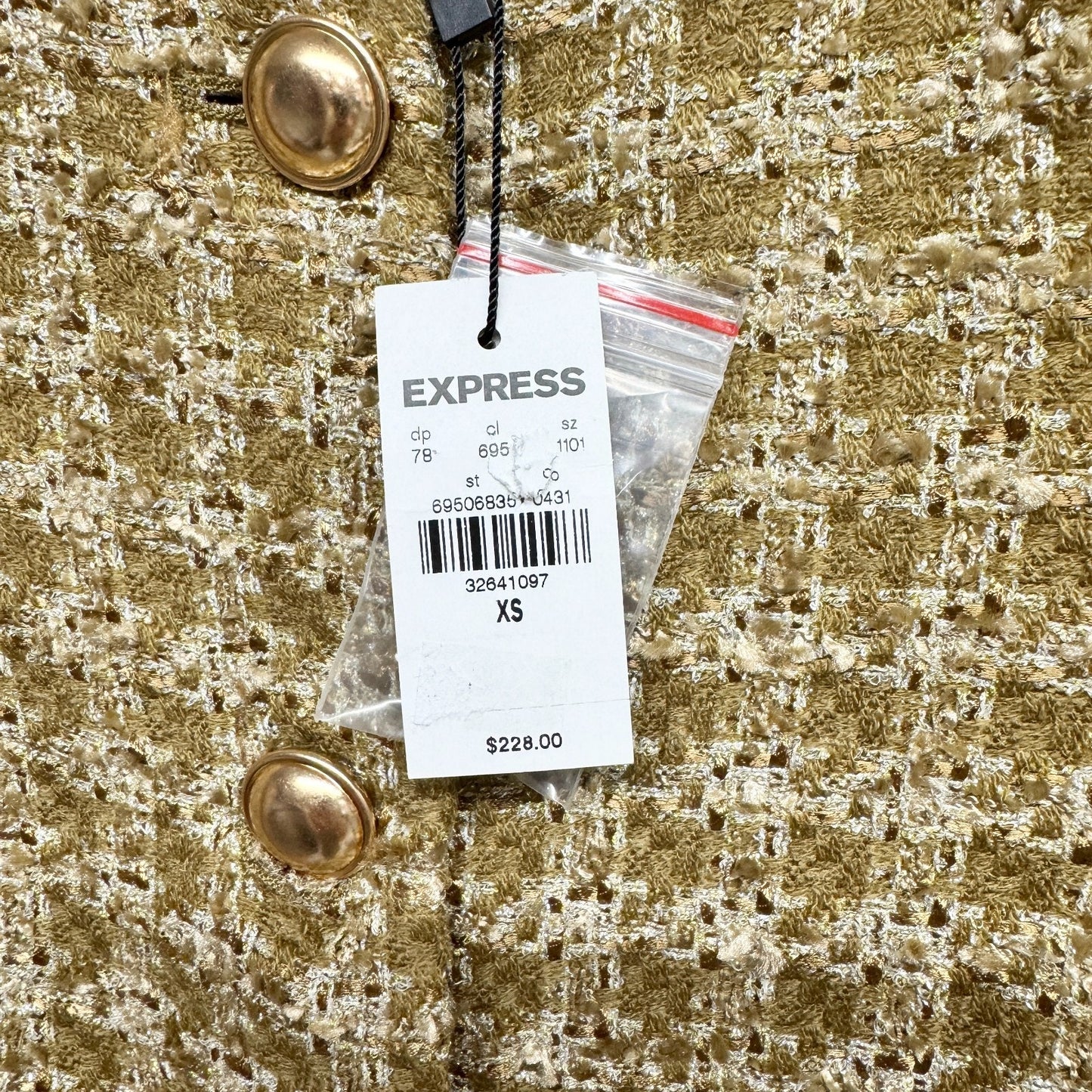 Express Women’s Jacket Sz XS Open Beige Gold Buttons Houndstooth Tweed Blazer