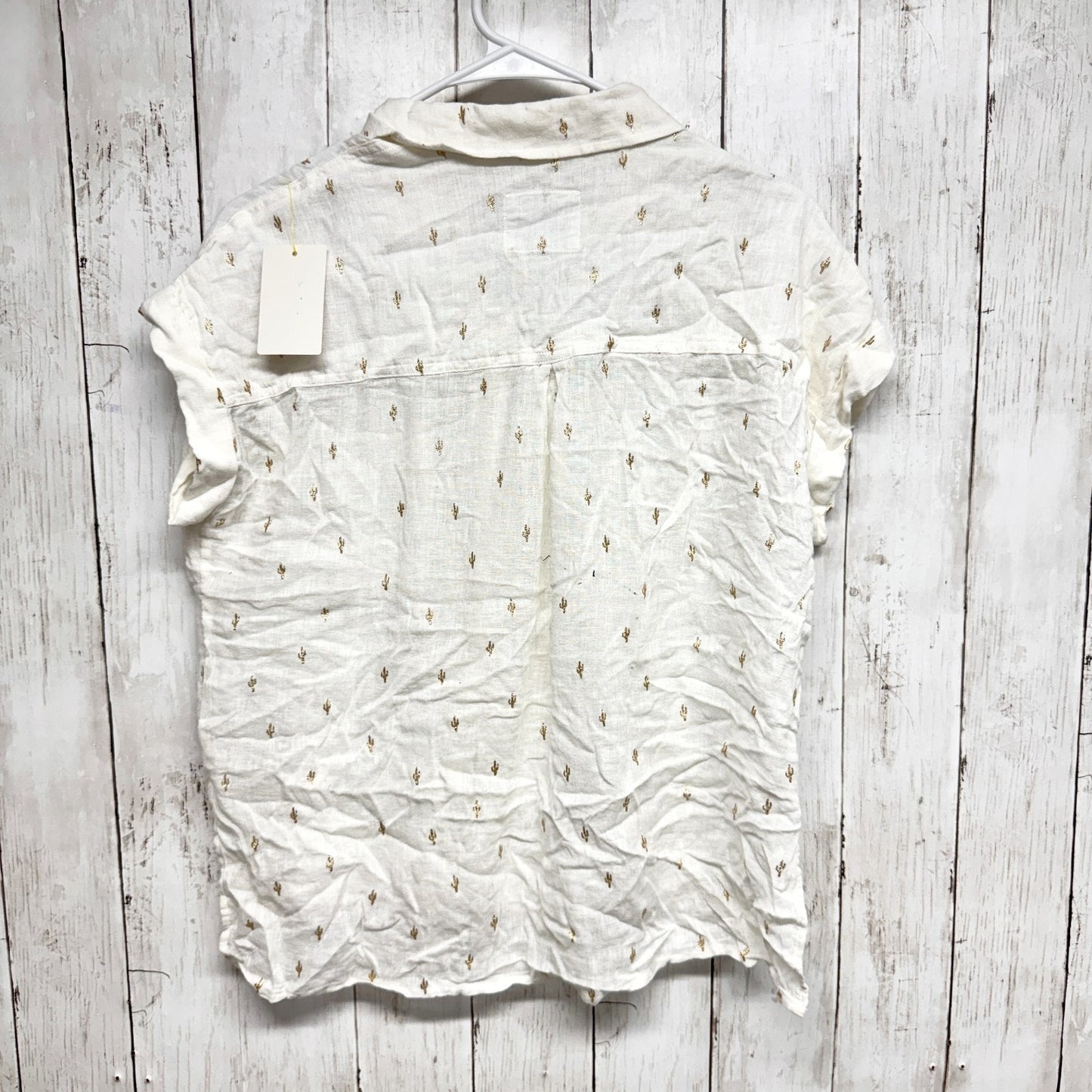 Rails Top Women Size XS White Linen Gold Cactus Short Sleeve Button Down Blouse