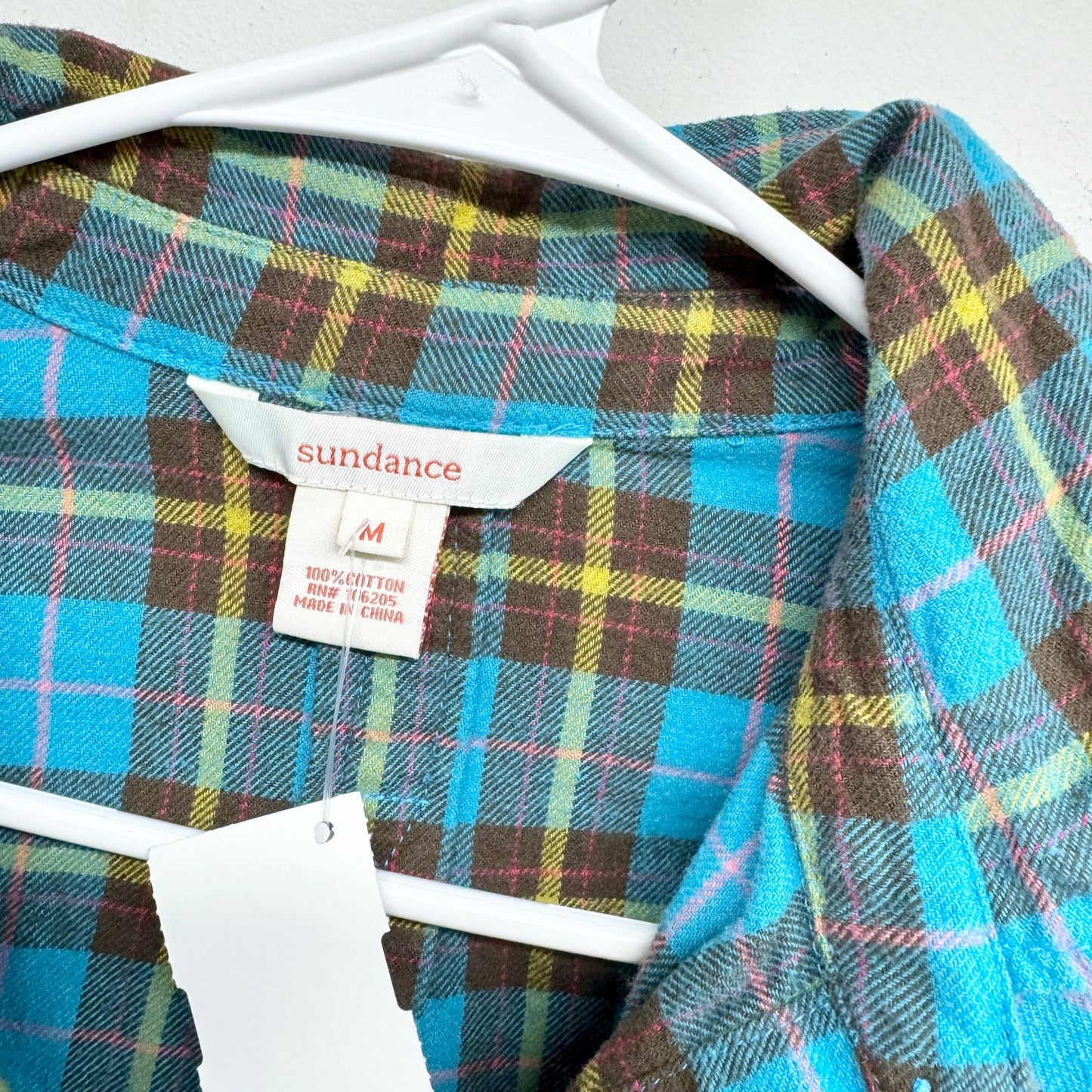 Sundance Womens Sweet Sally Blue & Pink Plaid Flannel Size M 100% Cotton
