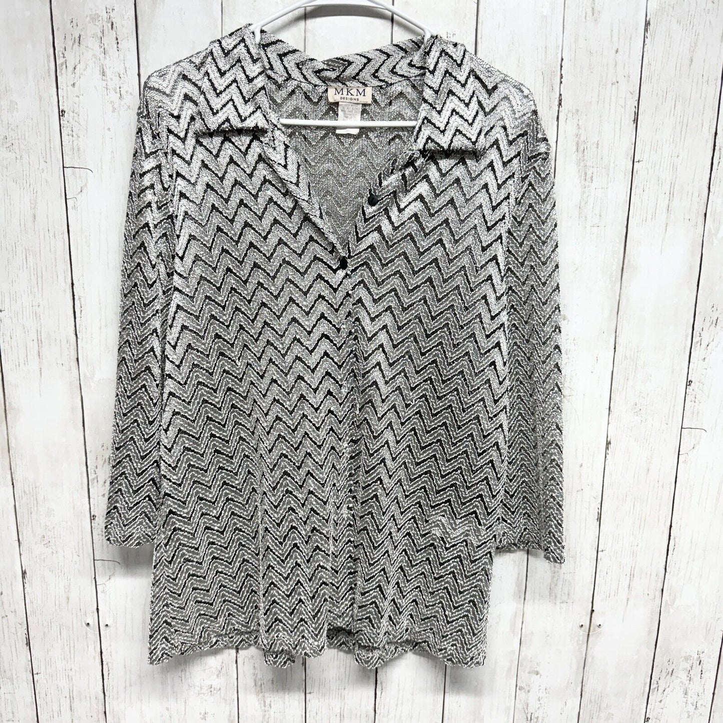 VTG MKM Designs Women Size 2X Button Down Tops Plus Stripes Silver Sheer Short