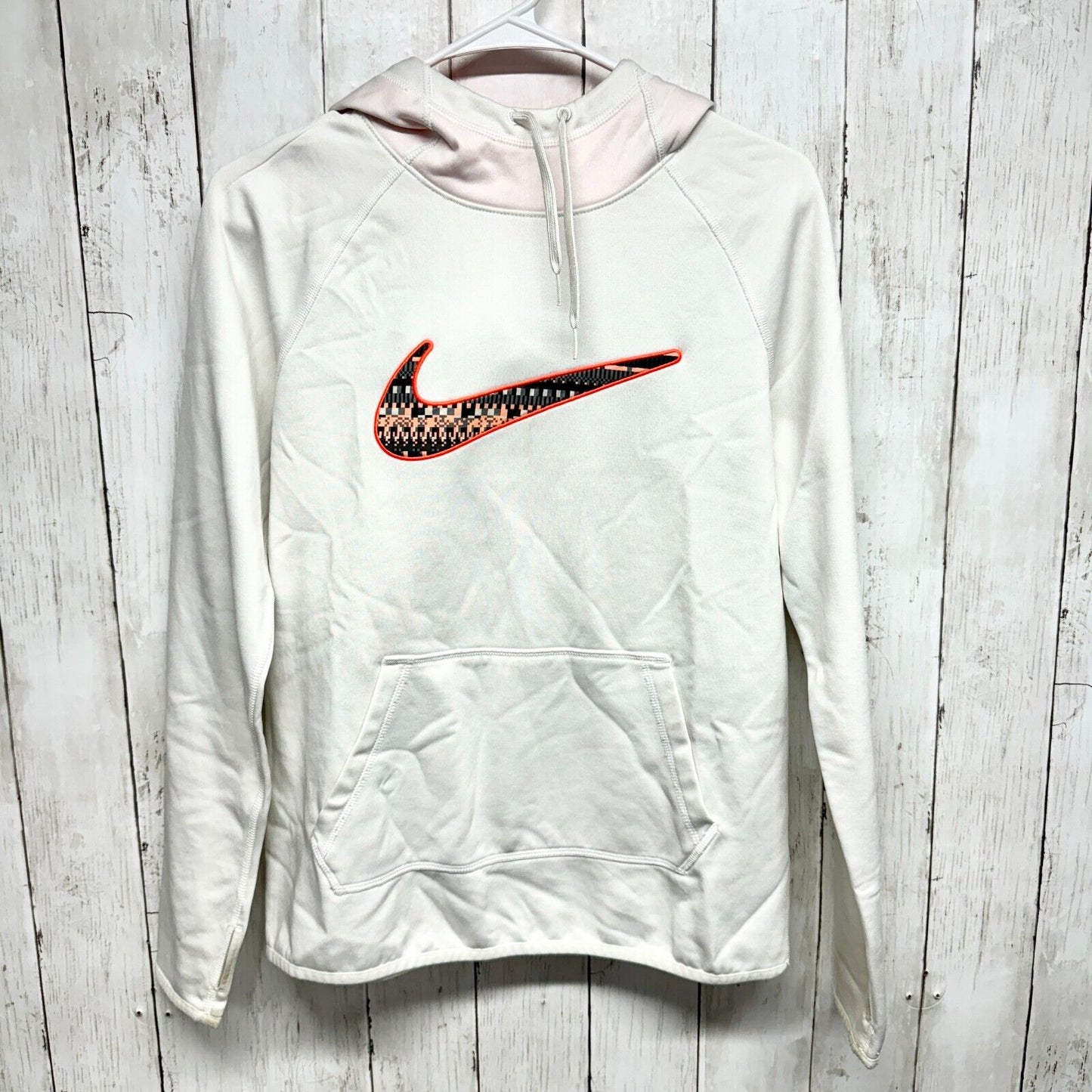 NIKE Sweater Women Size SM White Graphic Long Sleeve Hooded Open Pocket Cotton