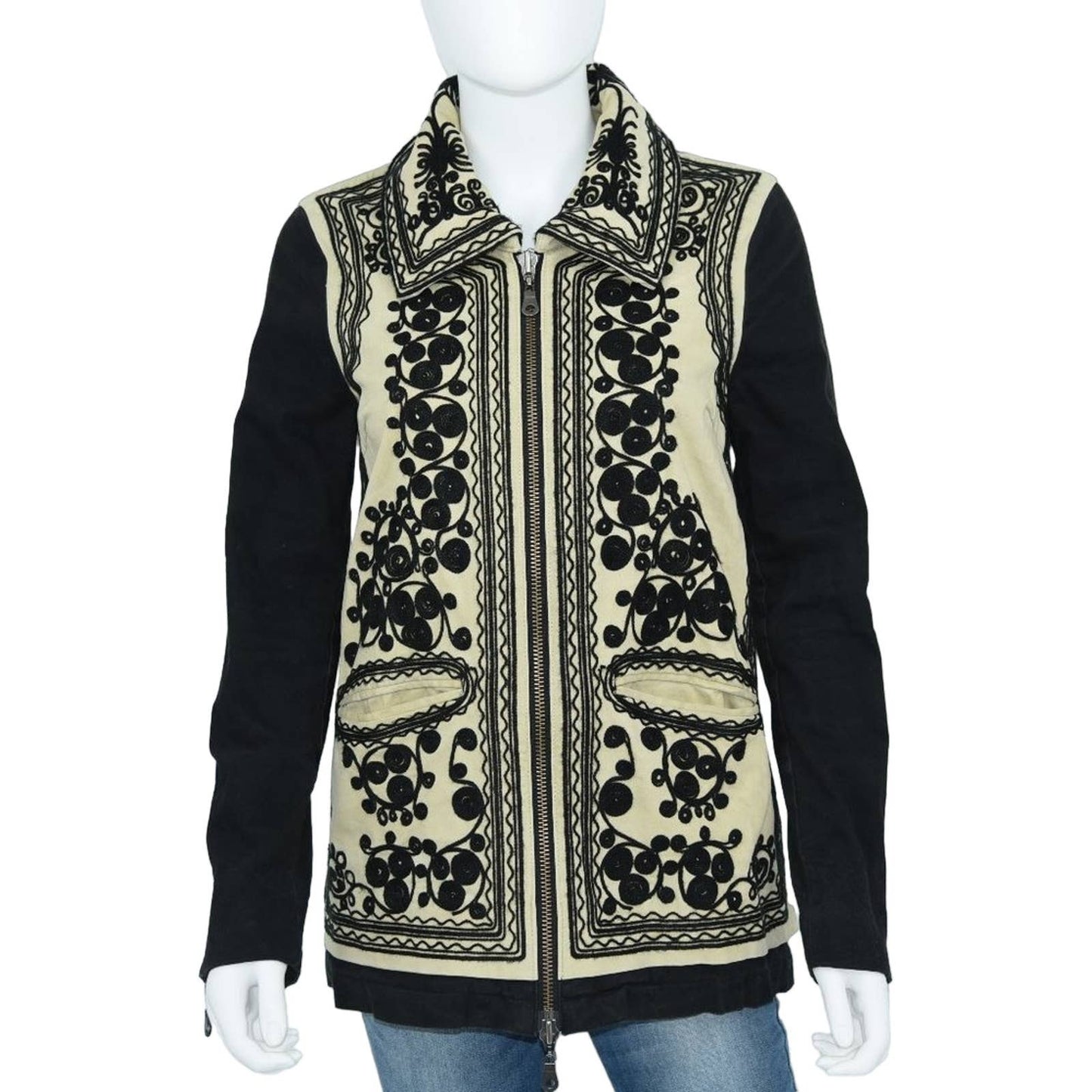 Free People Women's Stitched Quills Black & Cream Embroidered Jacket Size XS