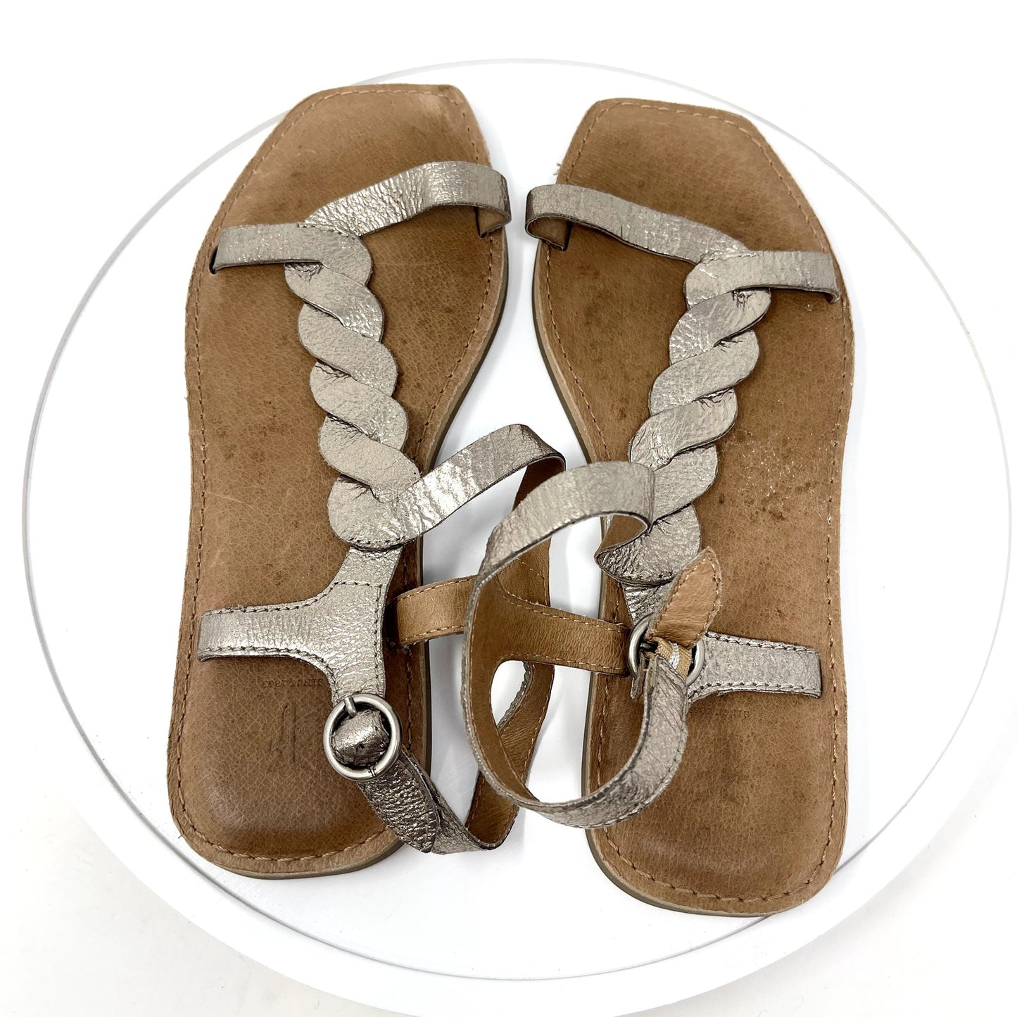 FRYE Women's Shiny Metallic Braided Ankle Strap Flat Silver Gold Sandals Size 6