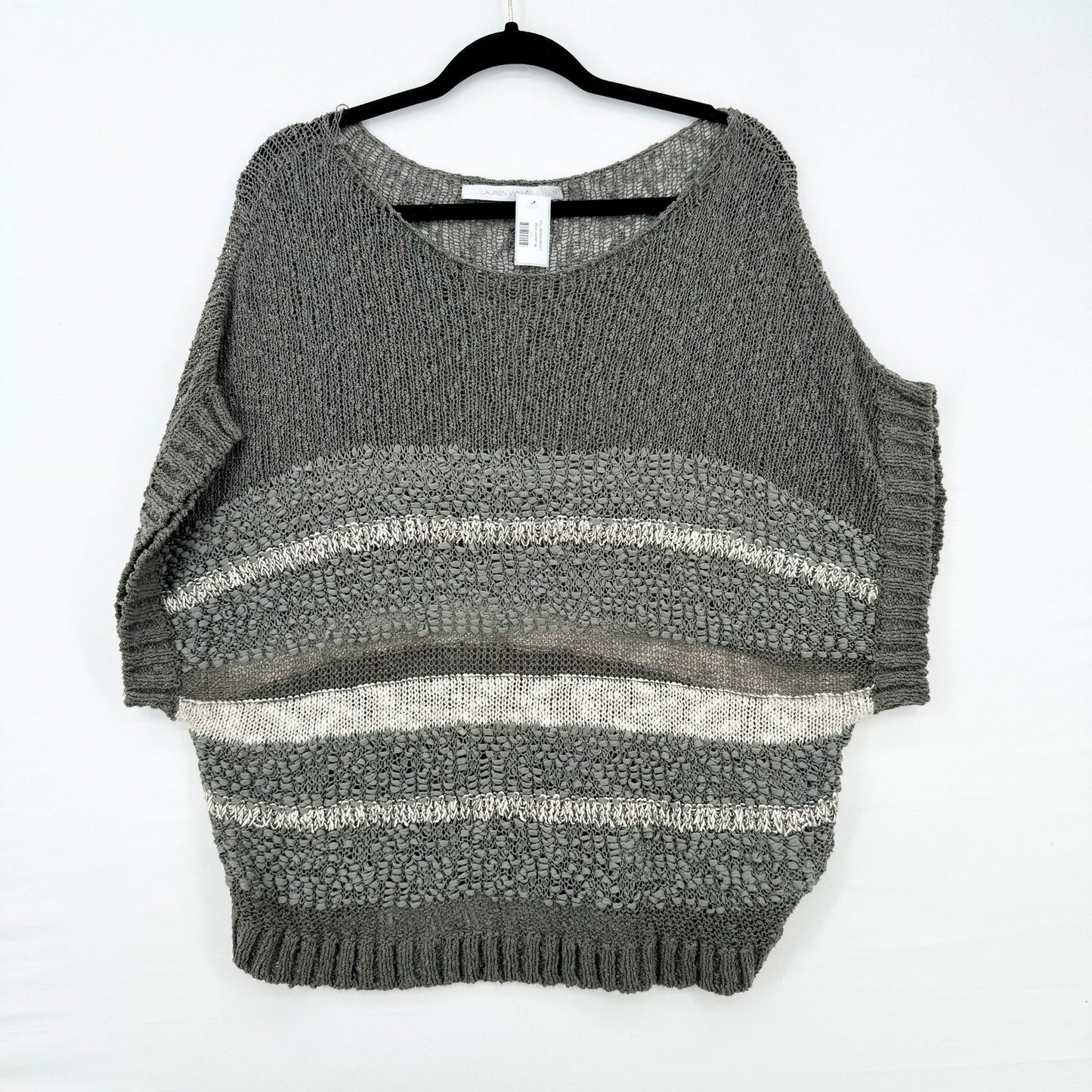Lauren Vidal Women Grey & Cream Striped Oversized Knit Sweater Top Size M