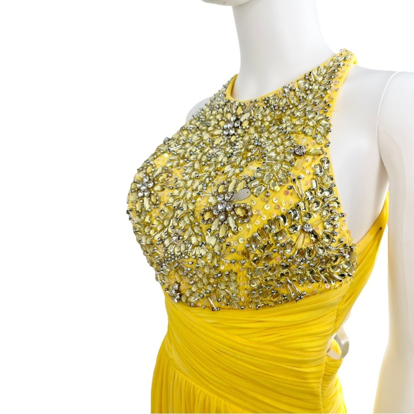 Terani Couture Yellow Open Leg Slit Cross Back Sleeveless Prom Dress Size 4