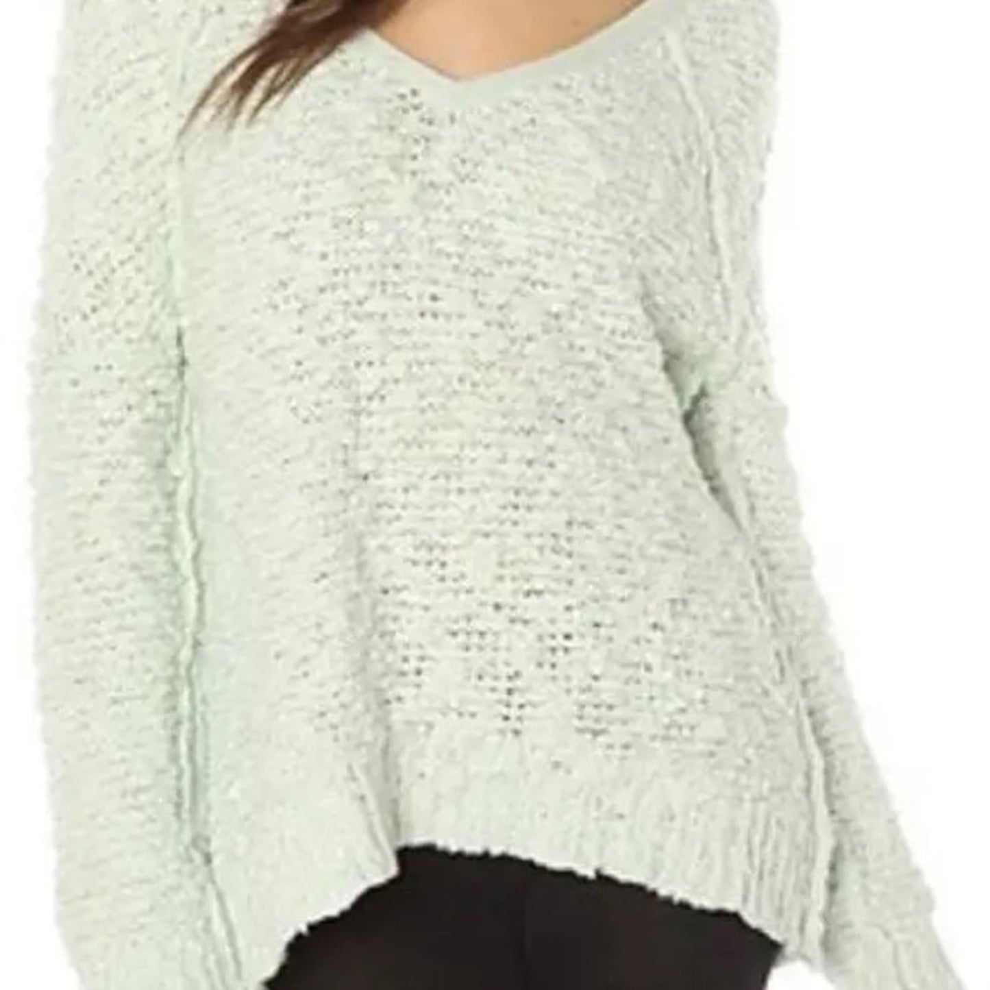 Free People Women Songbird Boucle Knit V-Neck Sweater Mint Green Size XS